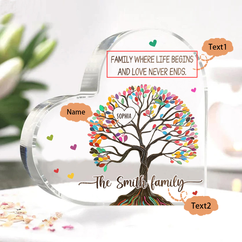 Personalised Heart Shaped Acrylic Plaque Custom with 1 Name and 2 Texts Family Decoration | Jessemade