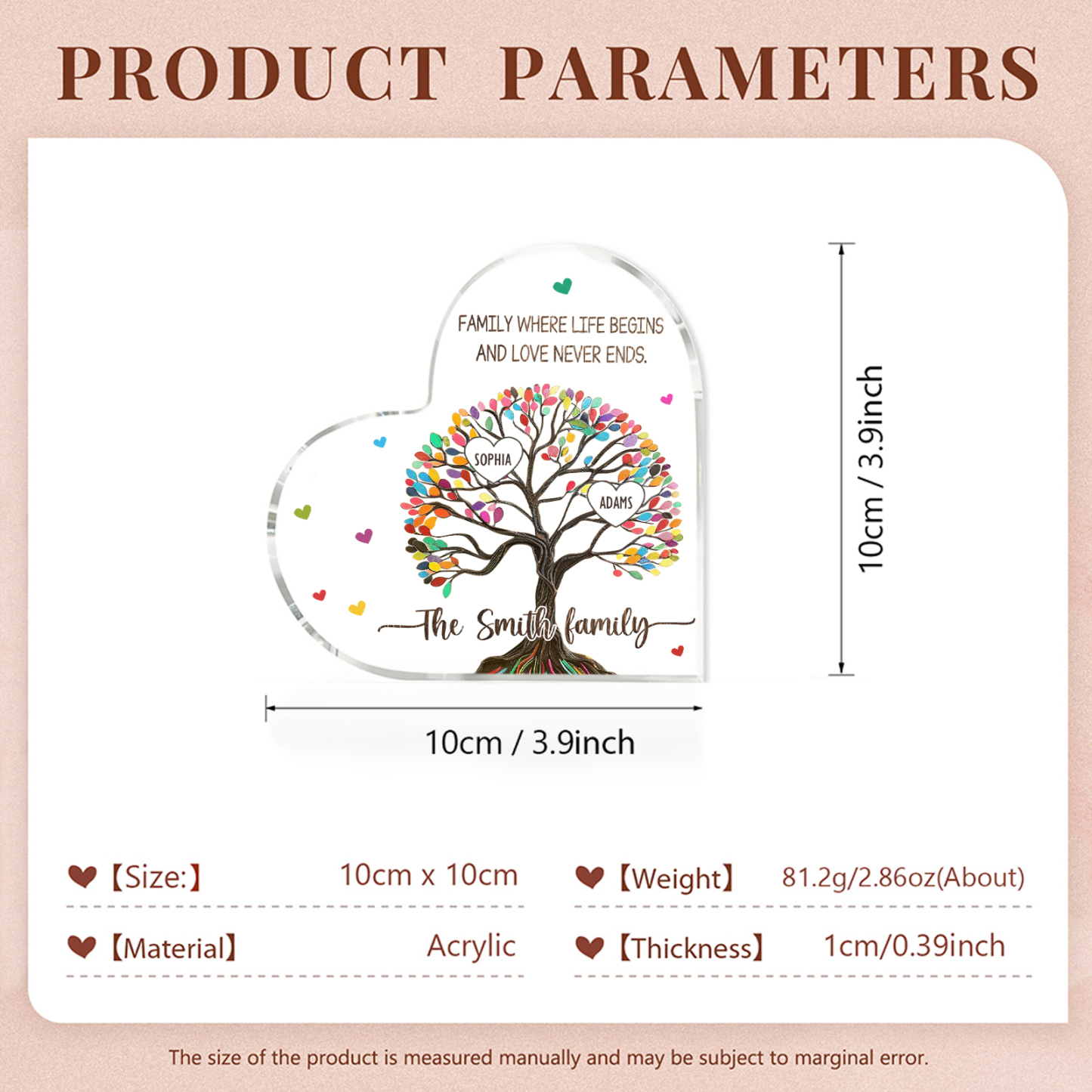 Personalised Heart Shaped Acrylic Plaque Custom with 2 Names and 2 Texts Family Decoration | Jessemade