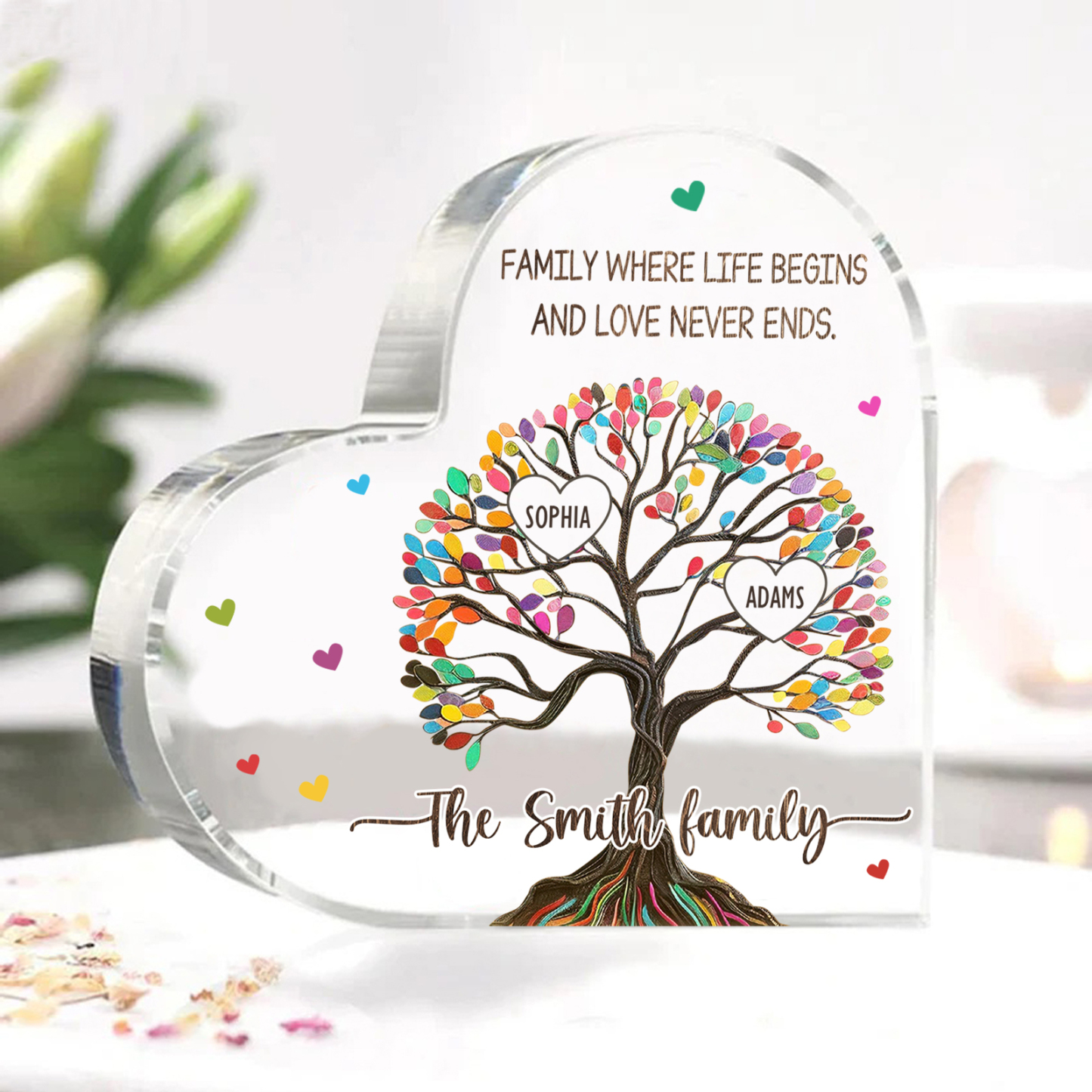 Personalised Heart Shaped Acrylic Plaque Custom with 2 Names and 2 Texts Family Decoration | Jessemade
