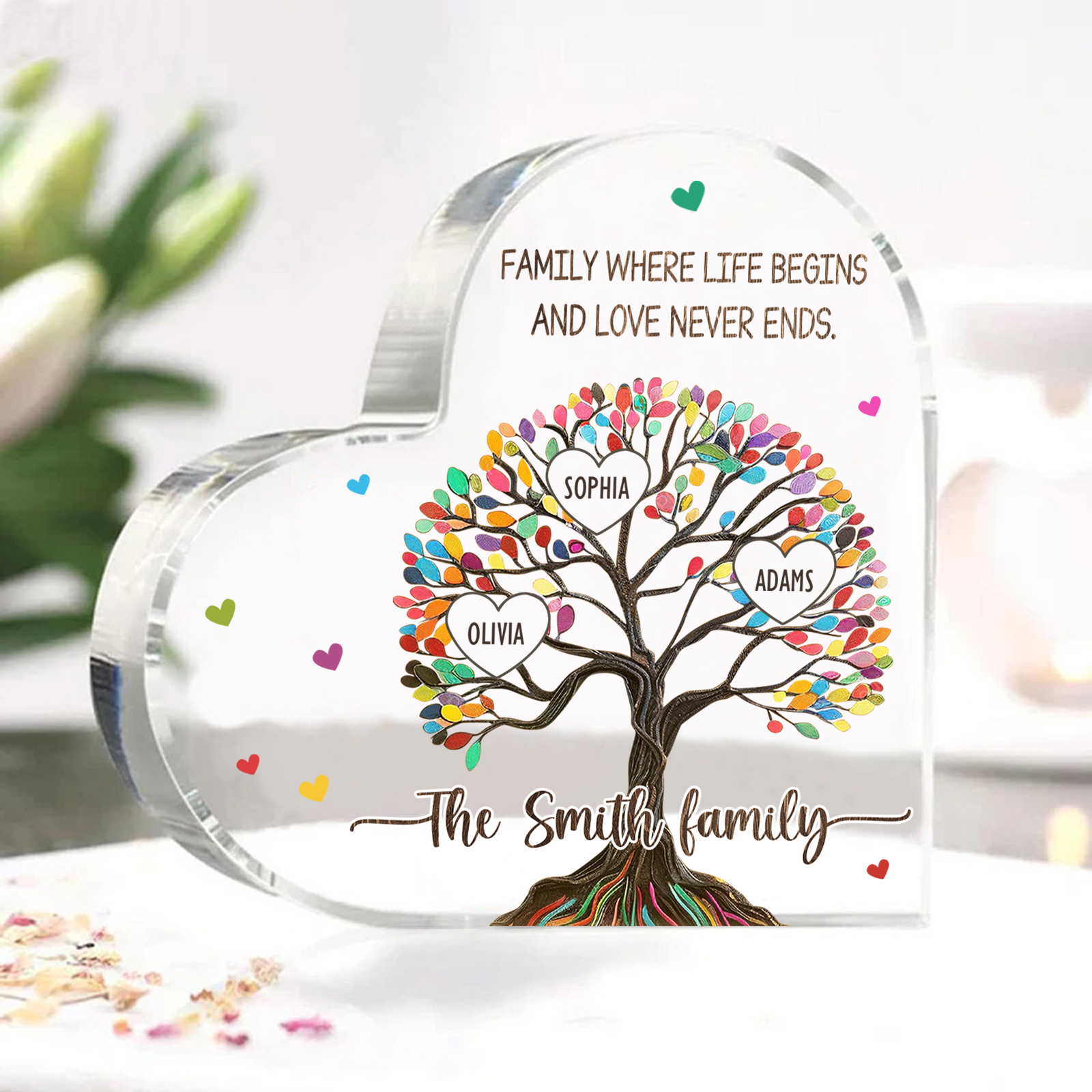 Personalised Heart Shaped Acrylic Plaque Custom with 3 Names and 2 Texts Family Decoration | Jessemade