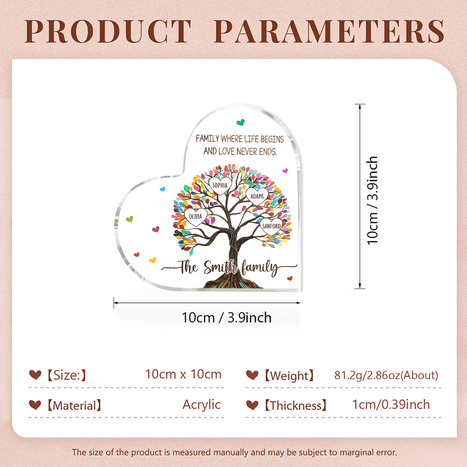 Personalised Heart Shaped Acrylic Plaque Custom with 4 Names and 2 Texts Family Decoration | Jessemade