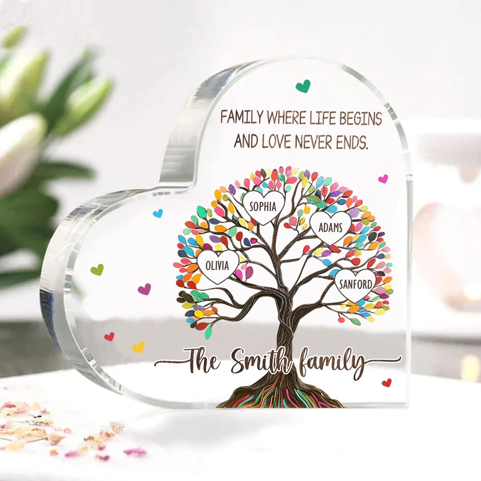 Personalised Heart Shaped Acrylic Plaque Custom with 4 Names and 2 Texts Family Decoration | Jessemade