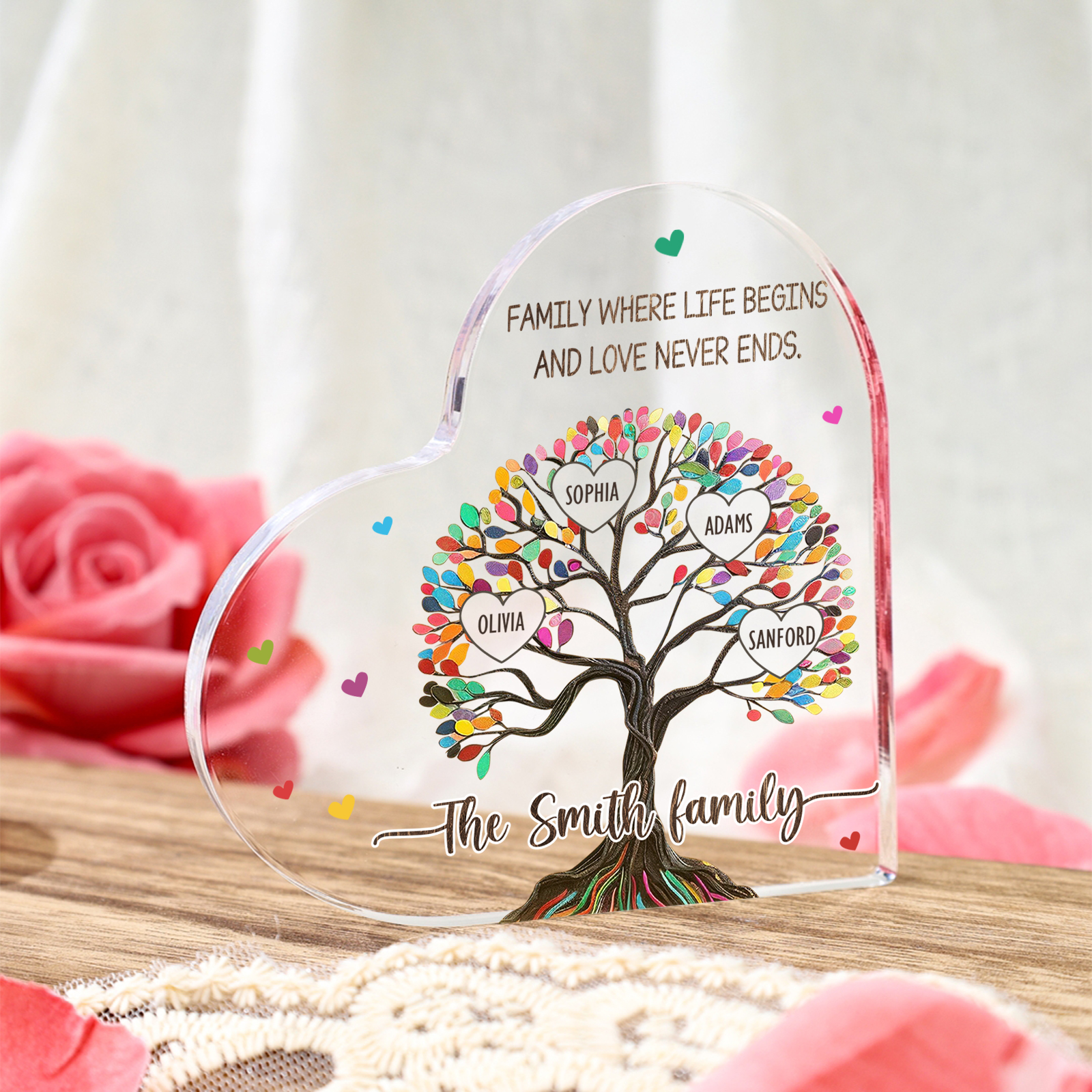 Personalised Heart Shaped Acrylic Plaque Custom with 4 Names and 2 Texts Family Decoration | Jessemade