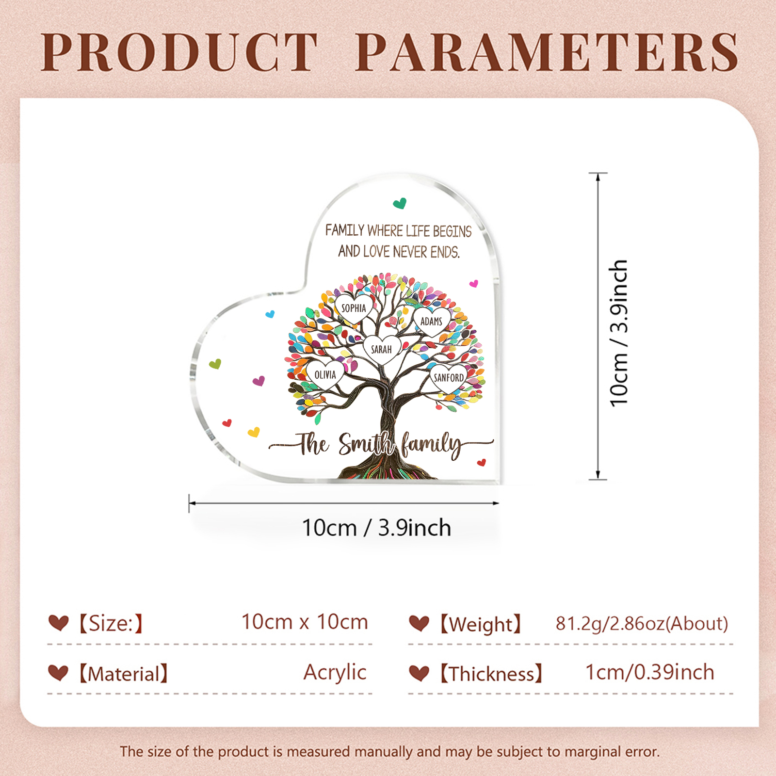 Personalised Heart Shaped Acrylic Plaque Custom with 5 Names and 2 Texts Family Decoration | Jessemade
