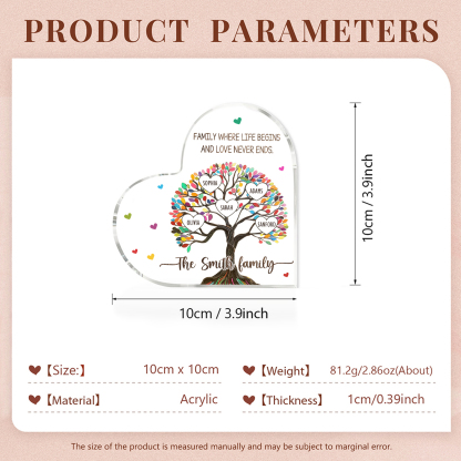 Personalised Heart Shaped Acrylic Plaque Custom with 5 Names and 2 Texts Family Decoration | Jessemade