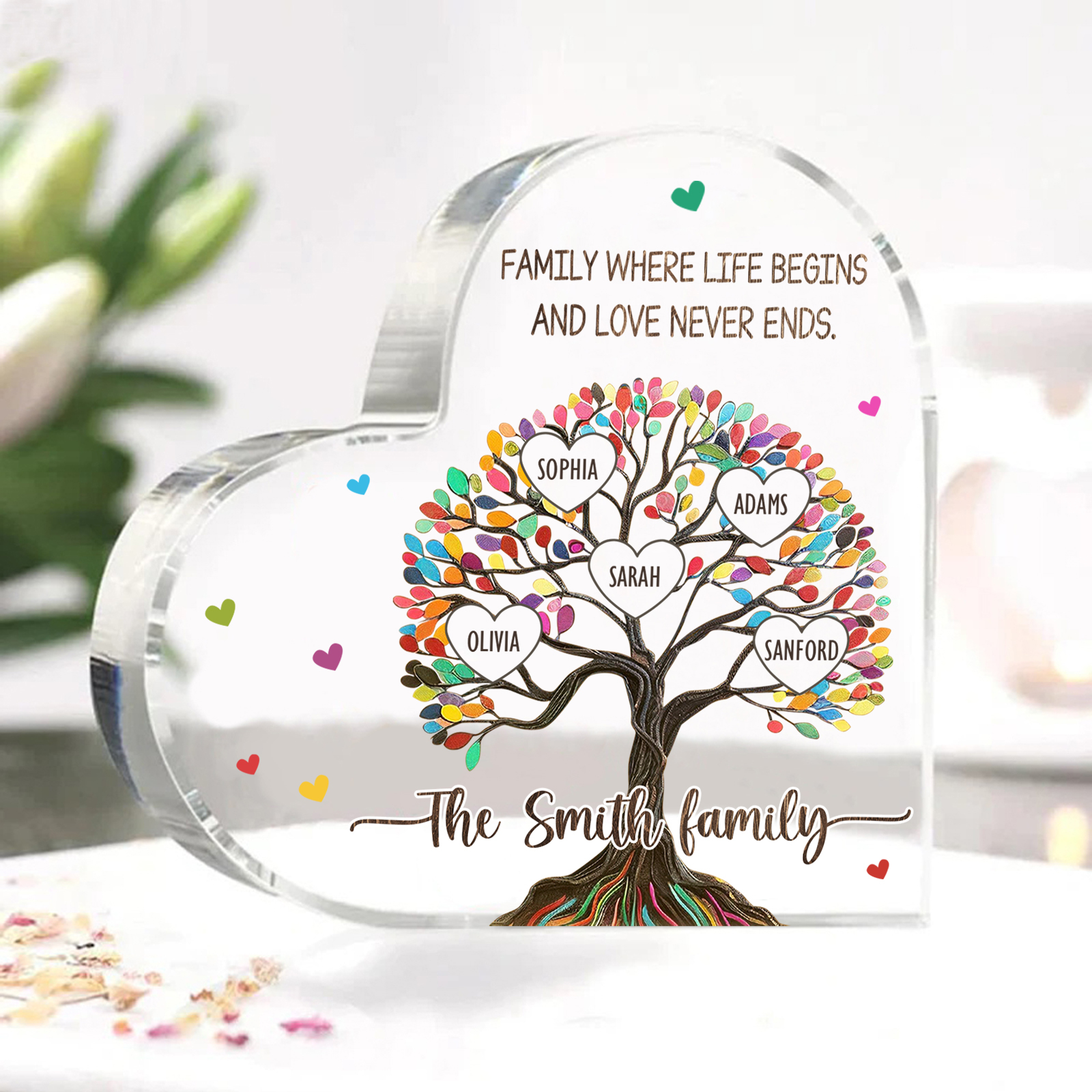 Personalised Heart Shaped Acrylic Plaque Custom with 5 Names and 2 Texts Family Decoration | Jessemade