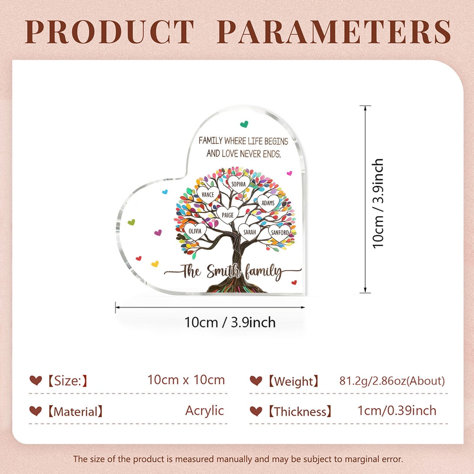 Personalised Heart Shaped Acrylic Plaque Custom with 7 Names and 2 Texts Family Decoration | Jessemade