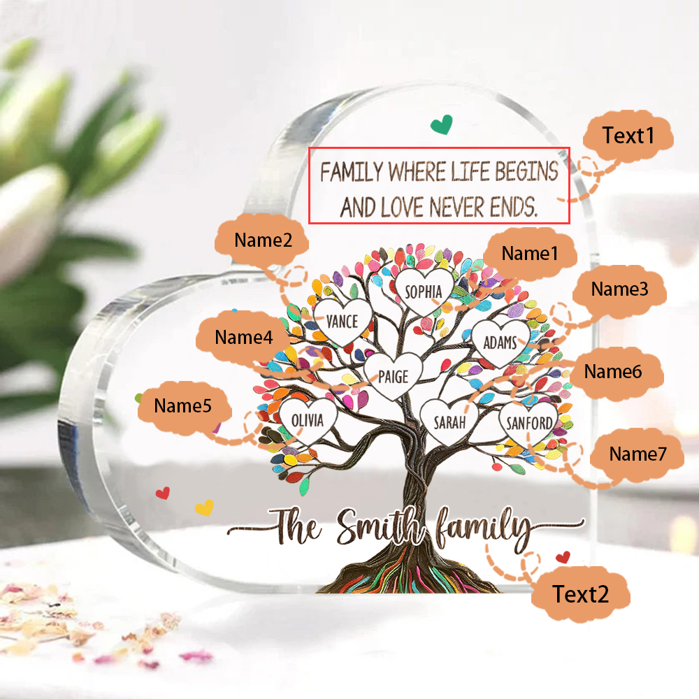 Personalised Heart Shaped Acrylic Plaque Custom with 7 Names and 2 Texts Family Decoration | Jessemade