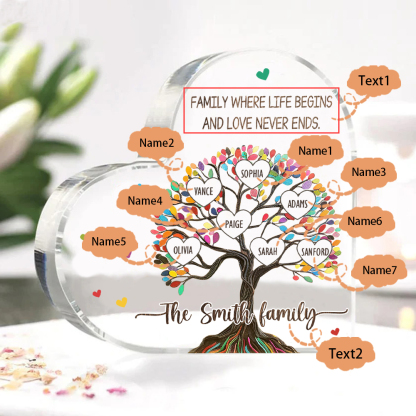 Personalised Heart Shaped Acrylic Plaque Custom with 7 Names and 2 Texts Family Decoration | Jessemade