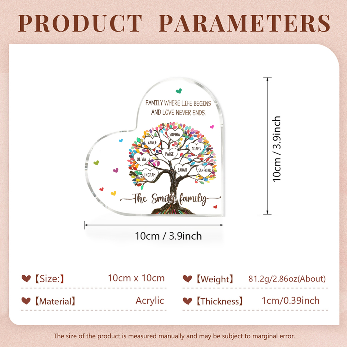 Personalised Heart Shaped Acrylic Plaque Custom with 8 Names and 2 Texts Family Decoration | Jessemade