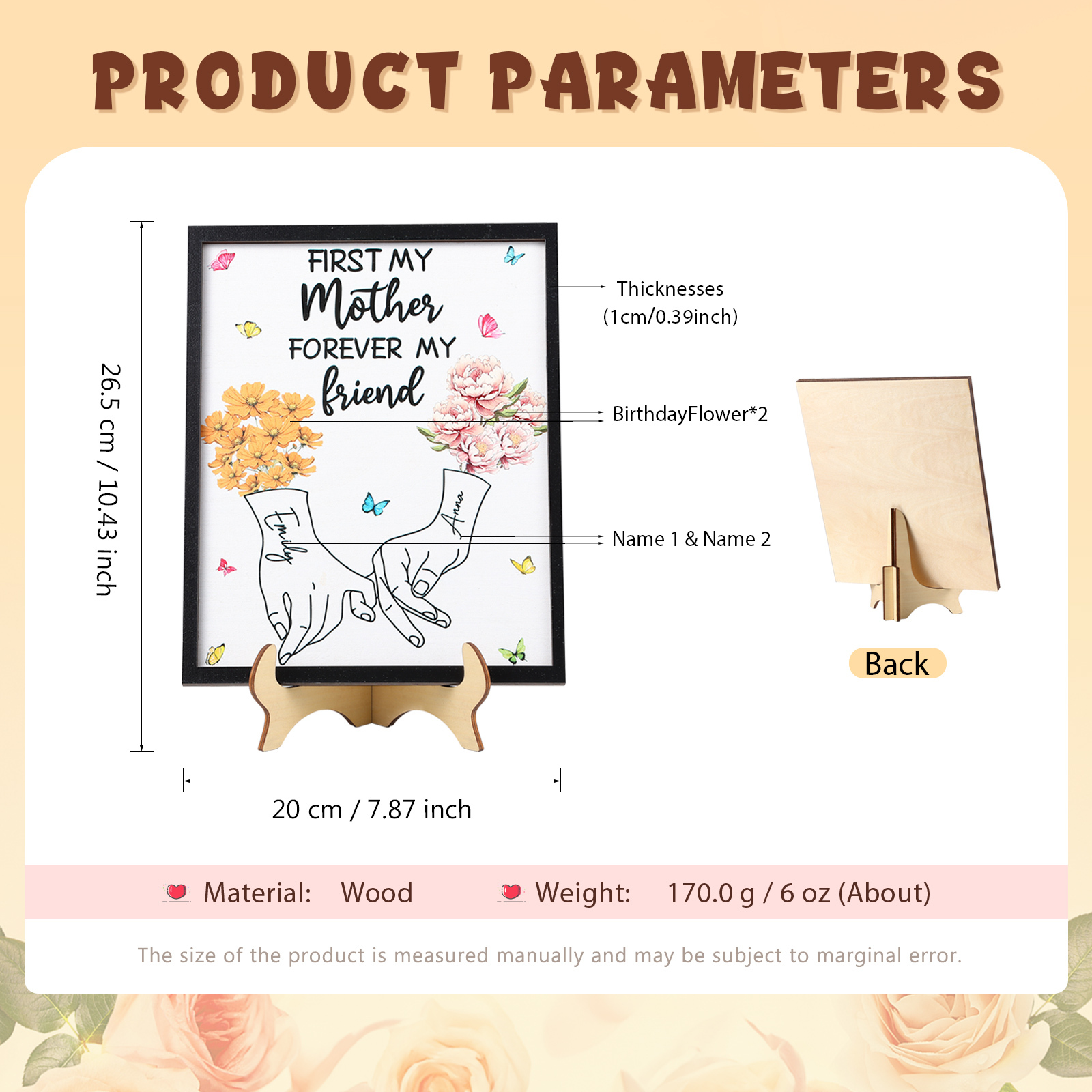 To Mum- Personalised Wooden Plaque Customwith 2 Birthday Flowers and 2 Names Ornament Mother's Day Gift | Jessemade