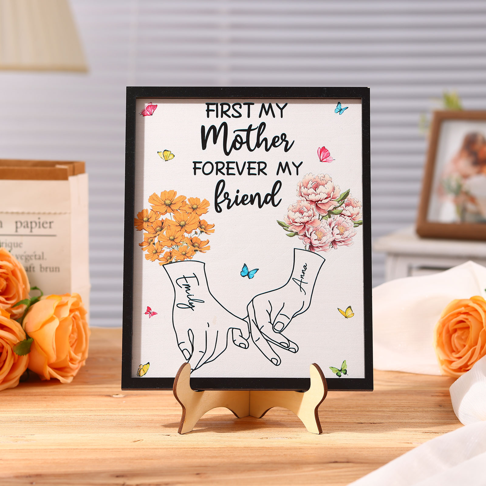 To Mum- Personalised Wooden Plaque Customwith 2 Birthday Flowers and 2 Names Ornament Mother's Day Gift | Jessemade