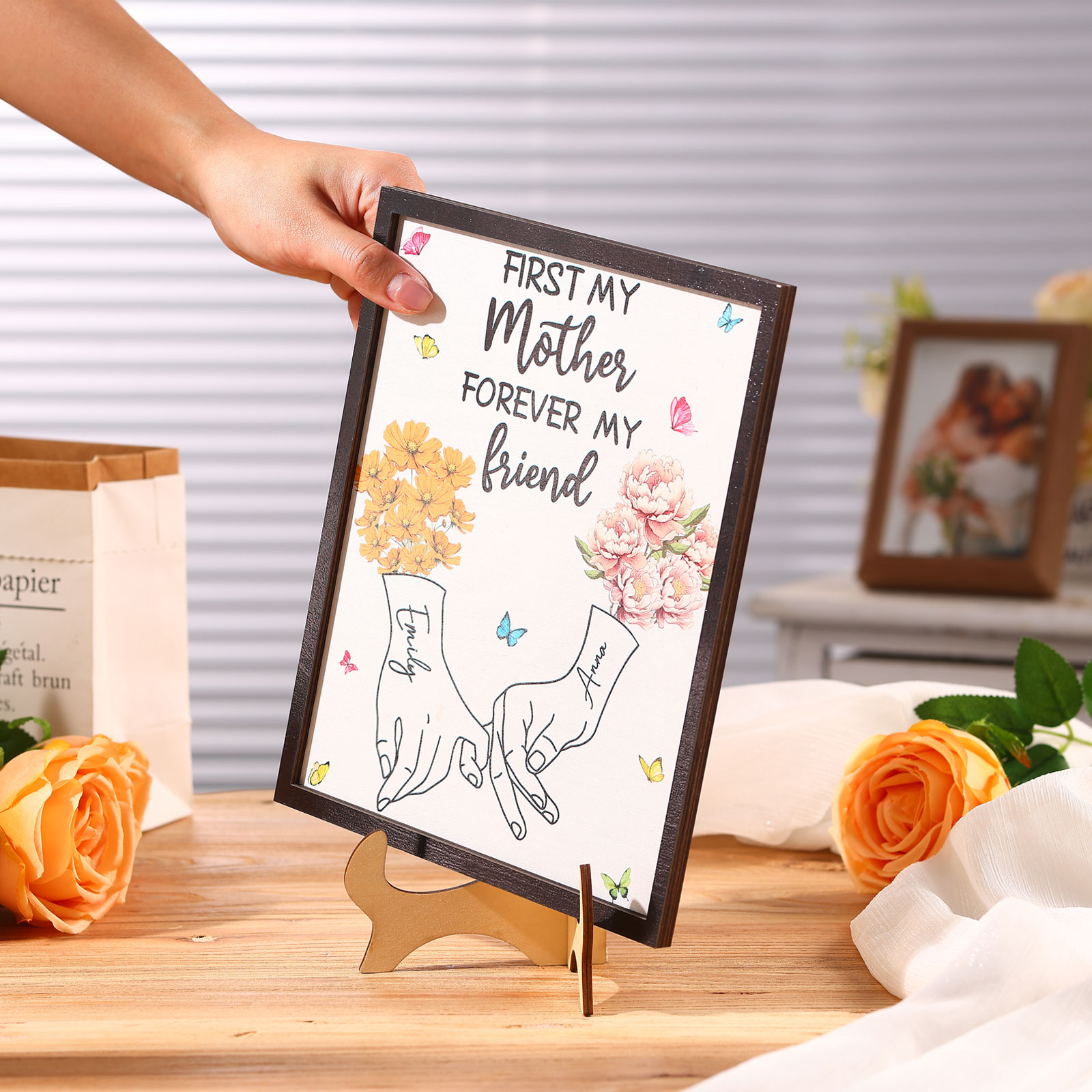 To Mum- Personalised Wooden Plaque Customwith 2 Birthday Flowers and 2 Names Ornament Mother's Day Gift | Jessemade