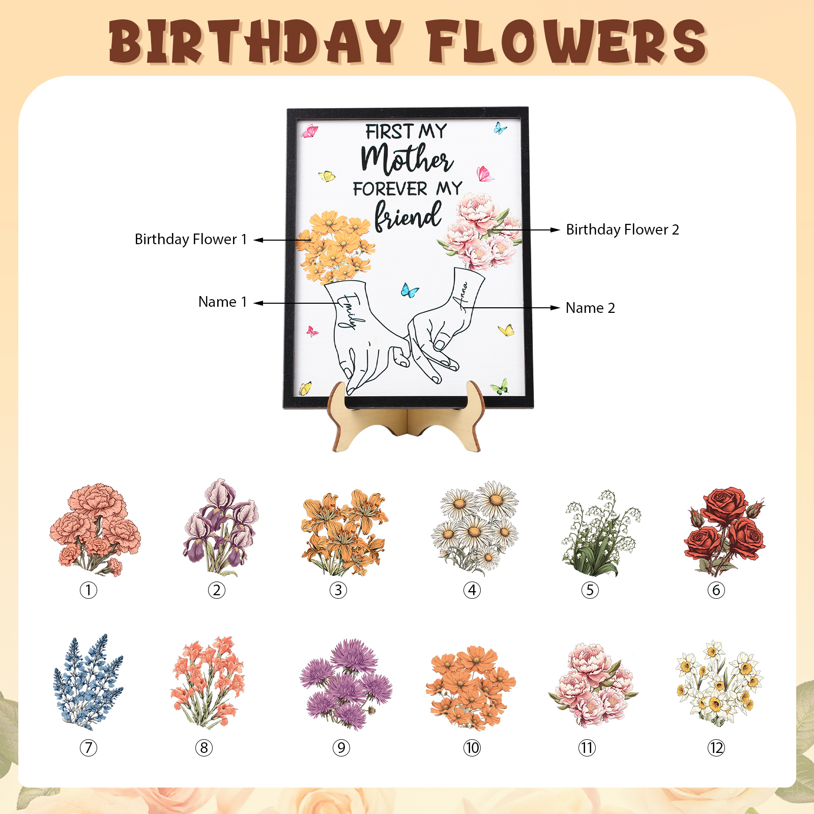 To Mum- Personalised Wooden Plaque Customwith 2 Birthday Flowers and 2 Names Ornament Mother's Day Gift | Jessemade