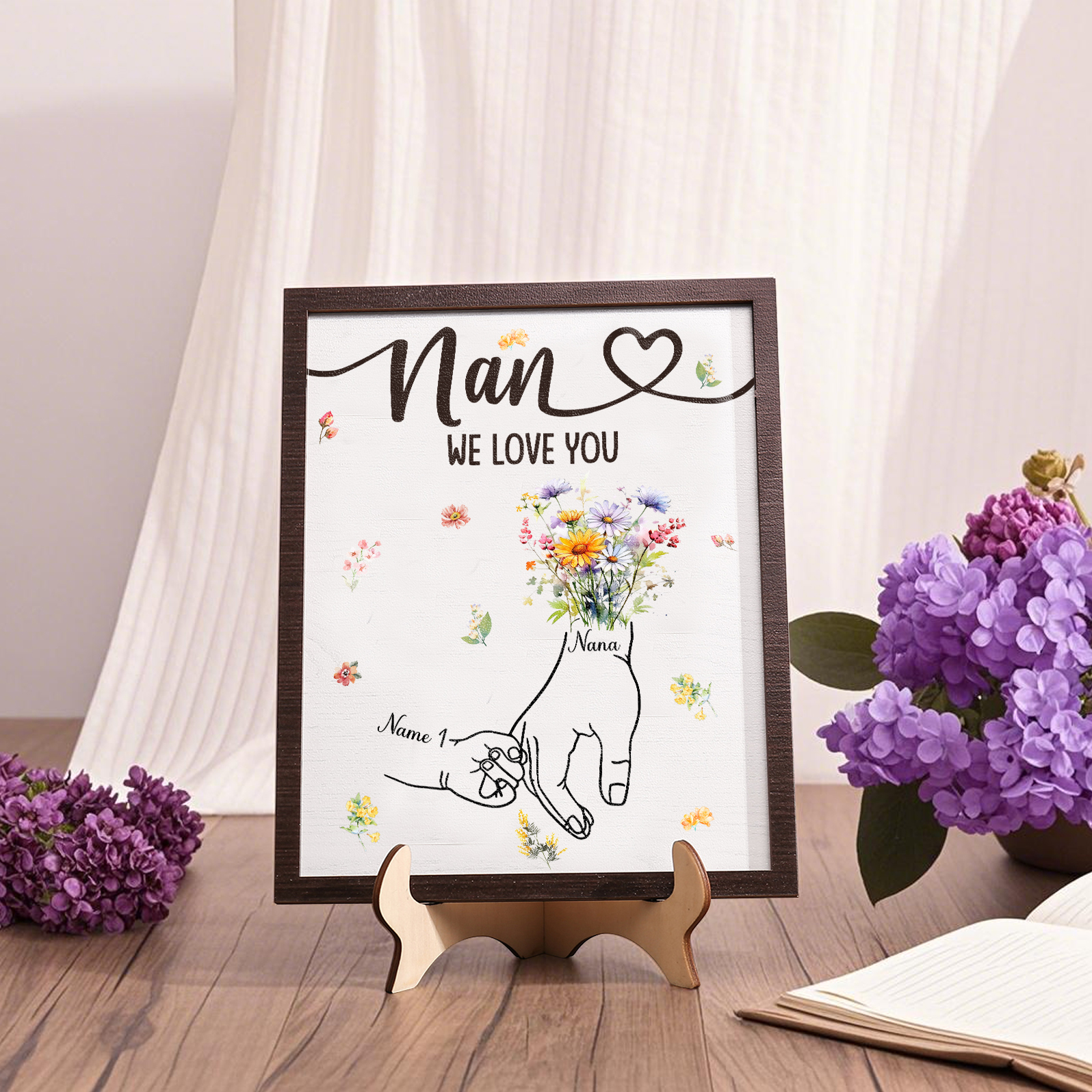 Custom Wooden Hand-in-Hand Plaque for Mum – Personalised Mother's Day Gift with Names & Flowers | Jessemade