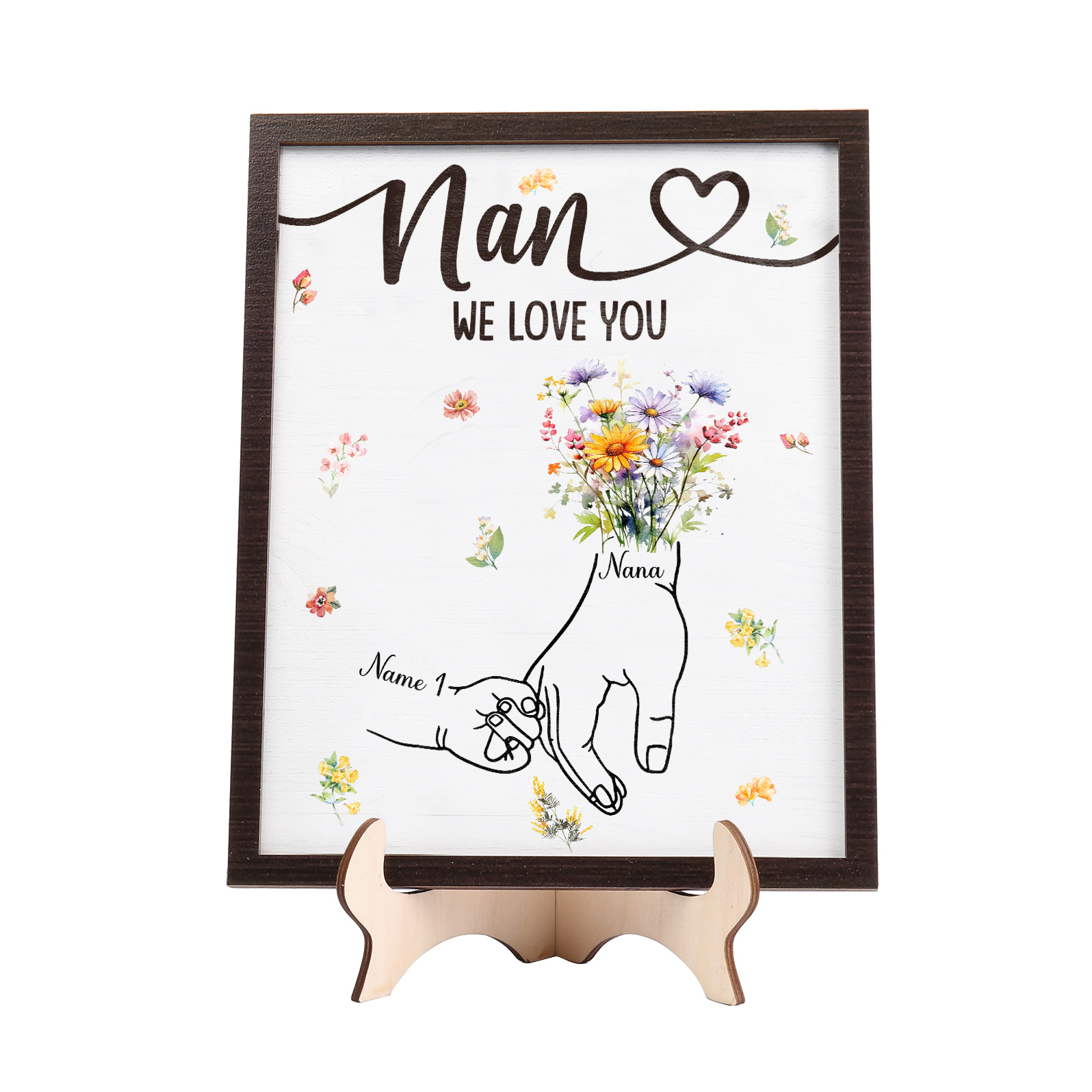 Custom Wooden Hand-in-Hand Plaque for Mum – Personalised Mother's Day Gift with Names & Flowers | Jessemade