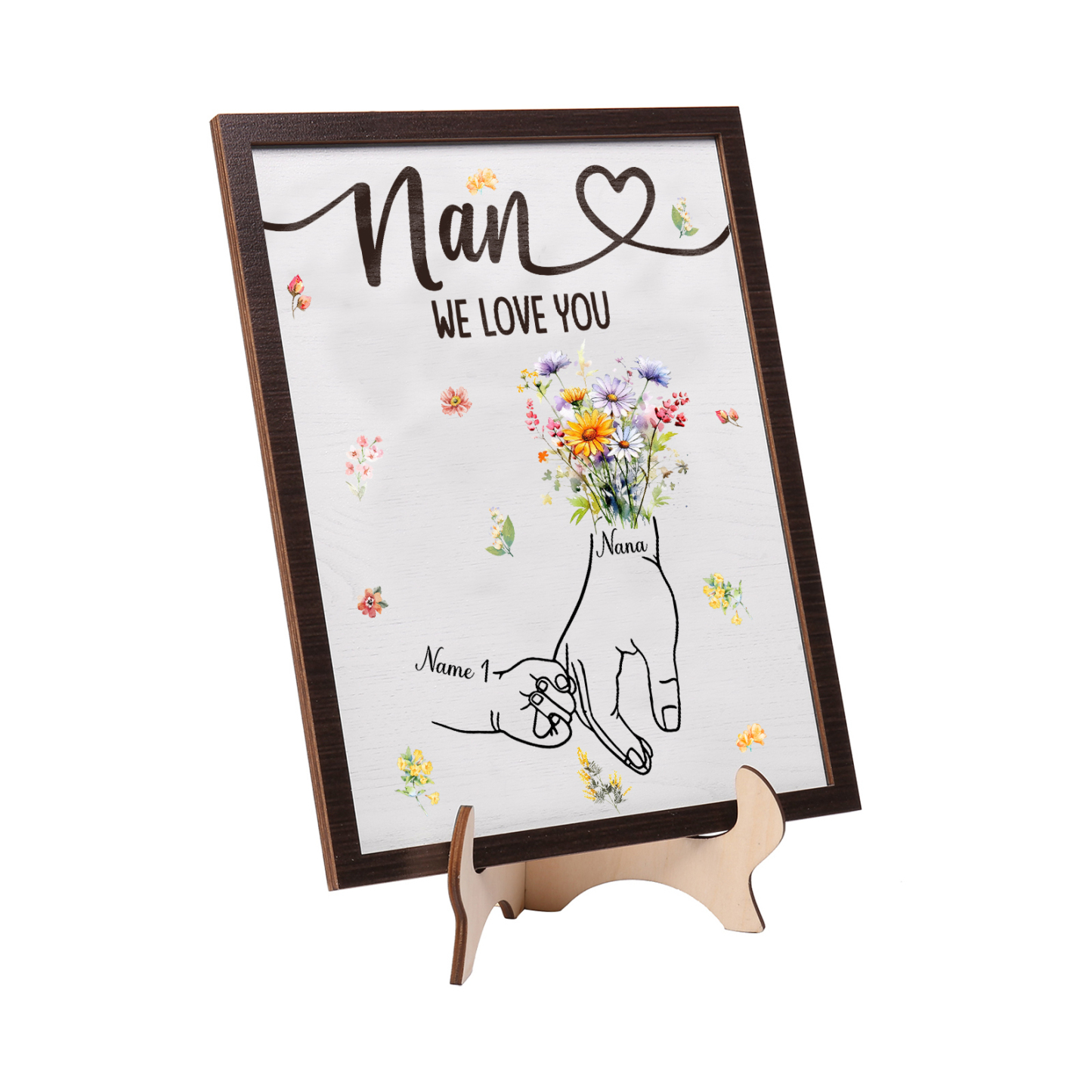 Custom Wooden Hand-in-Hand Plaque for Mum – Personalised Mother's Day Gift with Names & Flowers | Jessemade