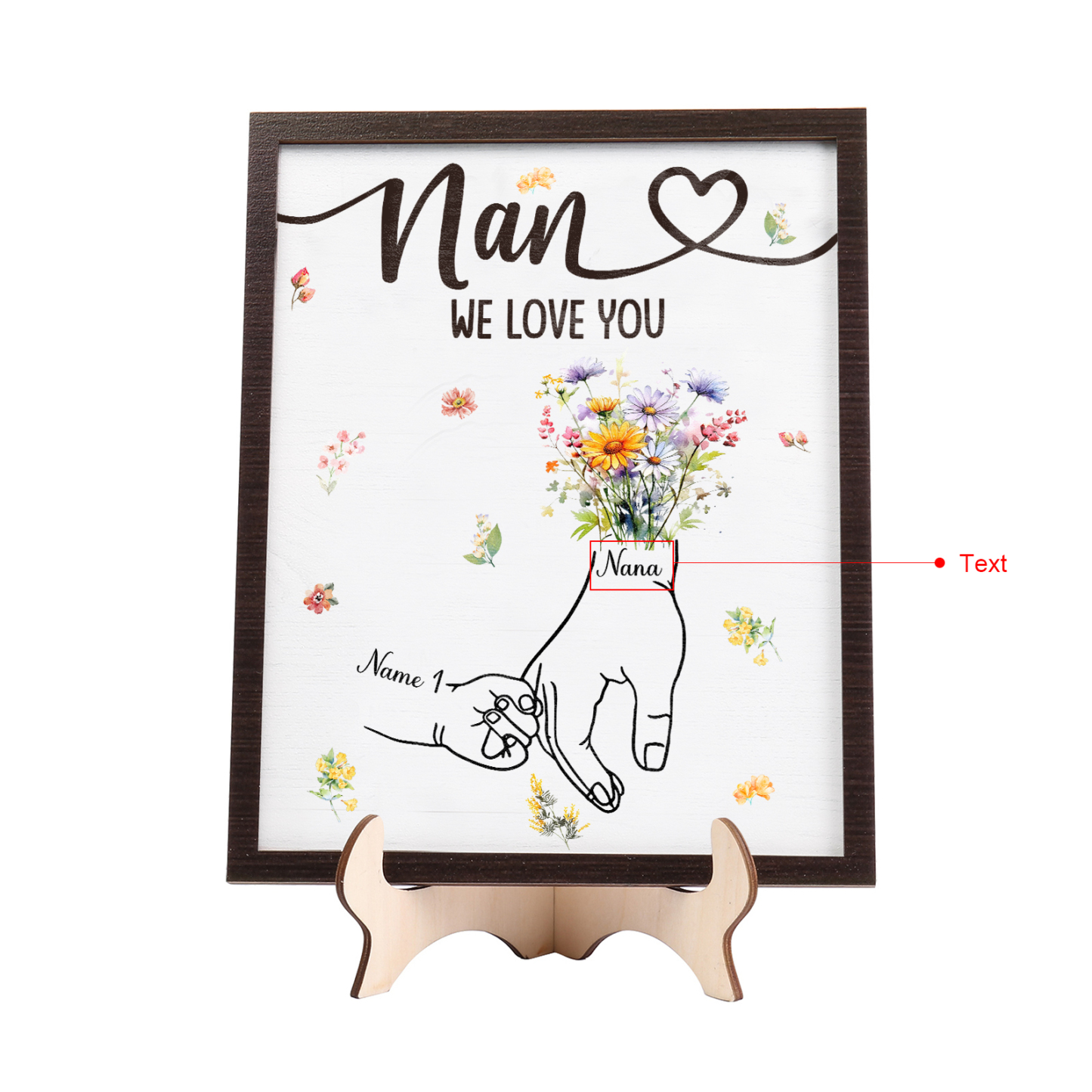 Custom Wooden Hand-in-Hand Plaque for Mum – Personalised Mother's Day Gift with Names & Flowers | Jessemade