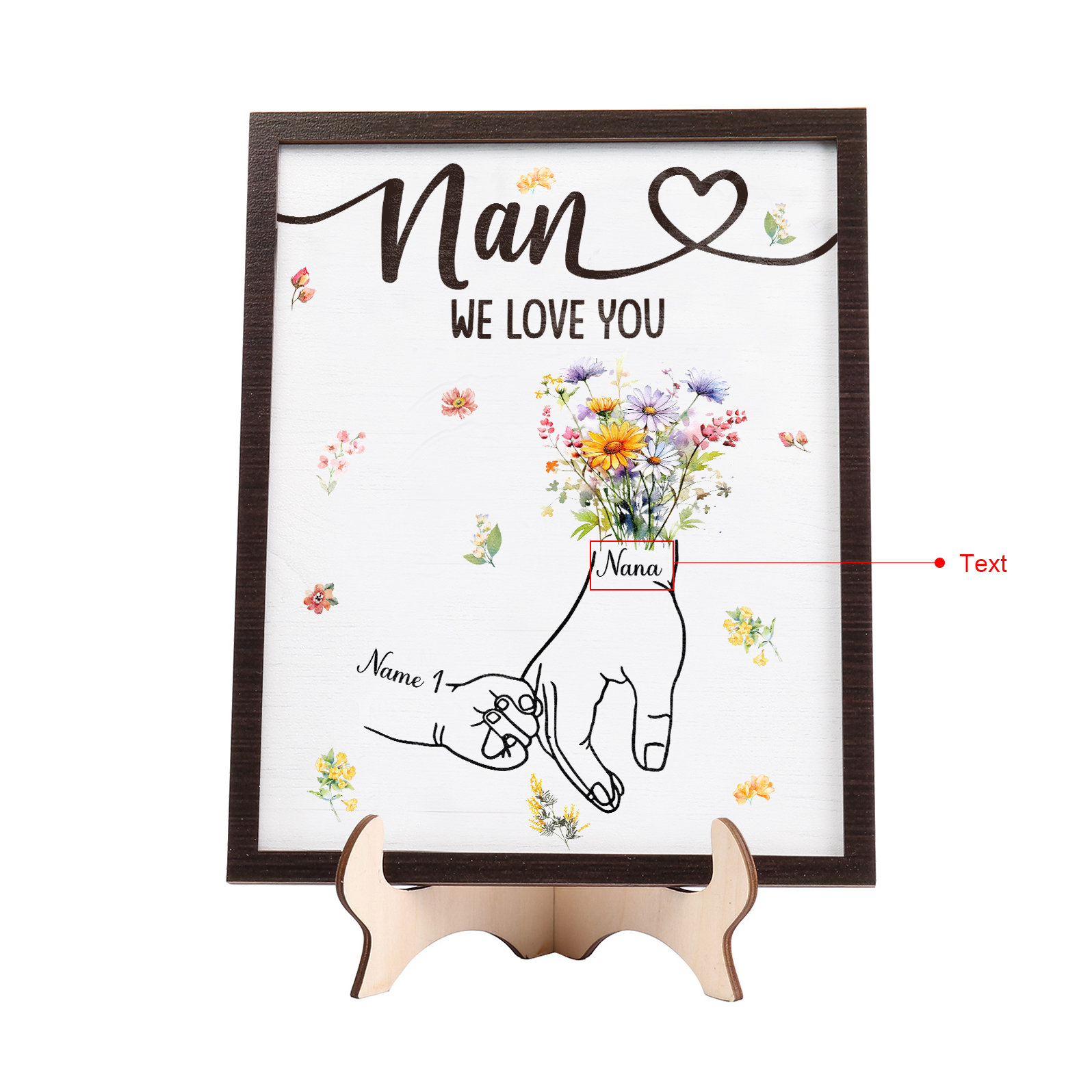 Custom Wooden Hand-in-Hand Plaque for Mum – Personalised Mother's Day Gift with Names & Flowers | Jessemade