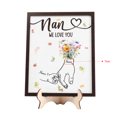 Custom Wooden Hand-in-Hand Plaque for Mum – Personalised Mother's Day Gift with Names & Flowers | Jessemade