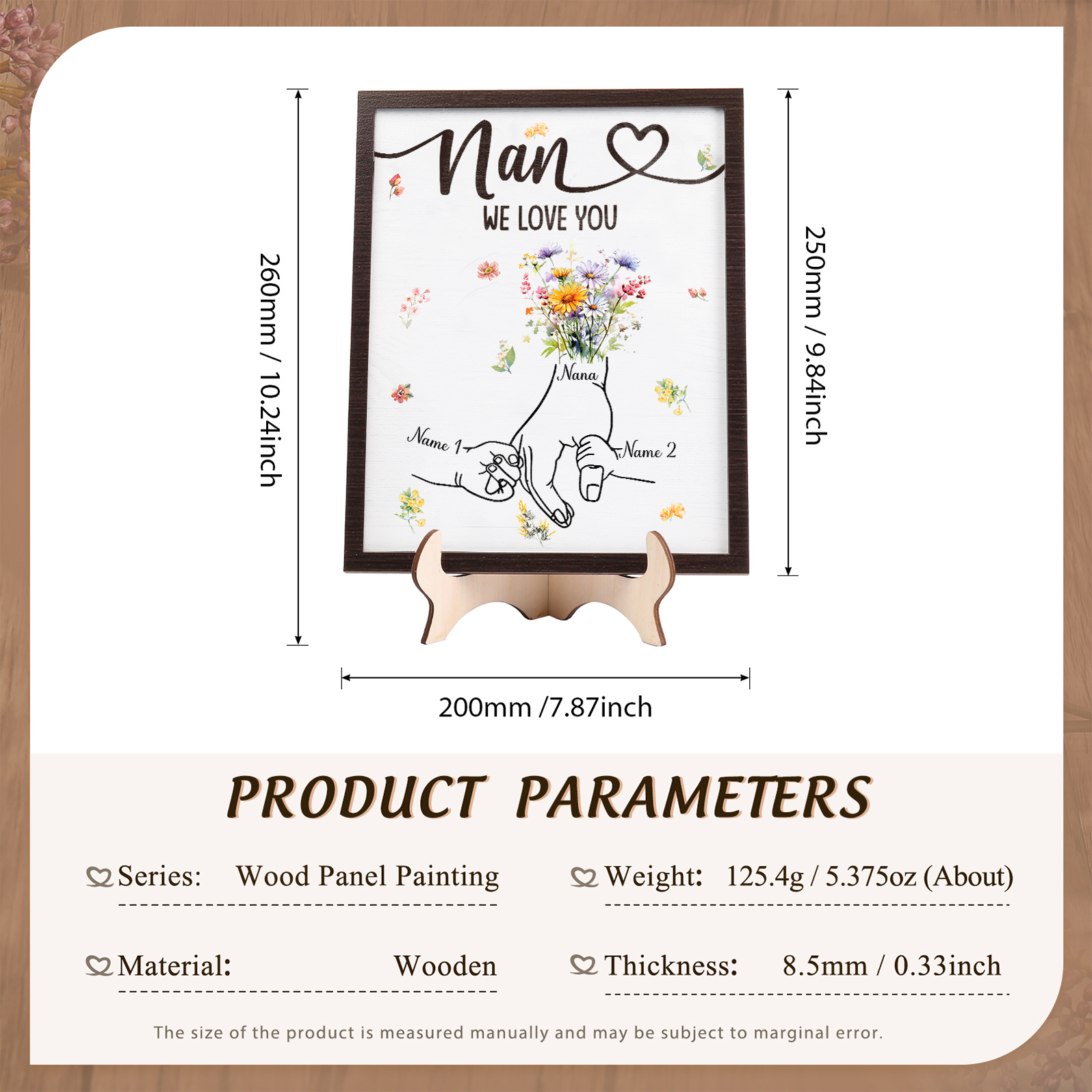 Custom Wooden Hand-in-Hand Plaque for Mum – Personalised Mother's Day Gift with 1 Text & 2 Names | Jessemade