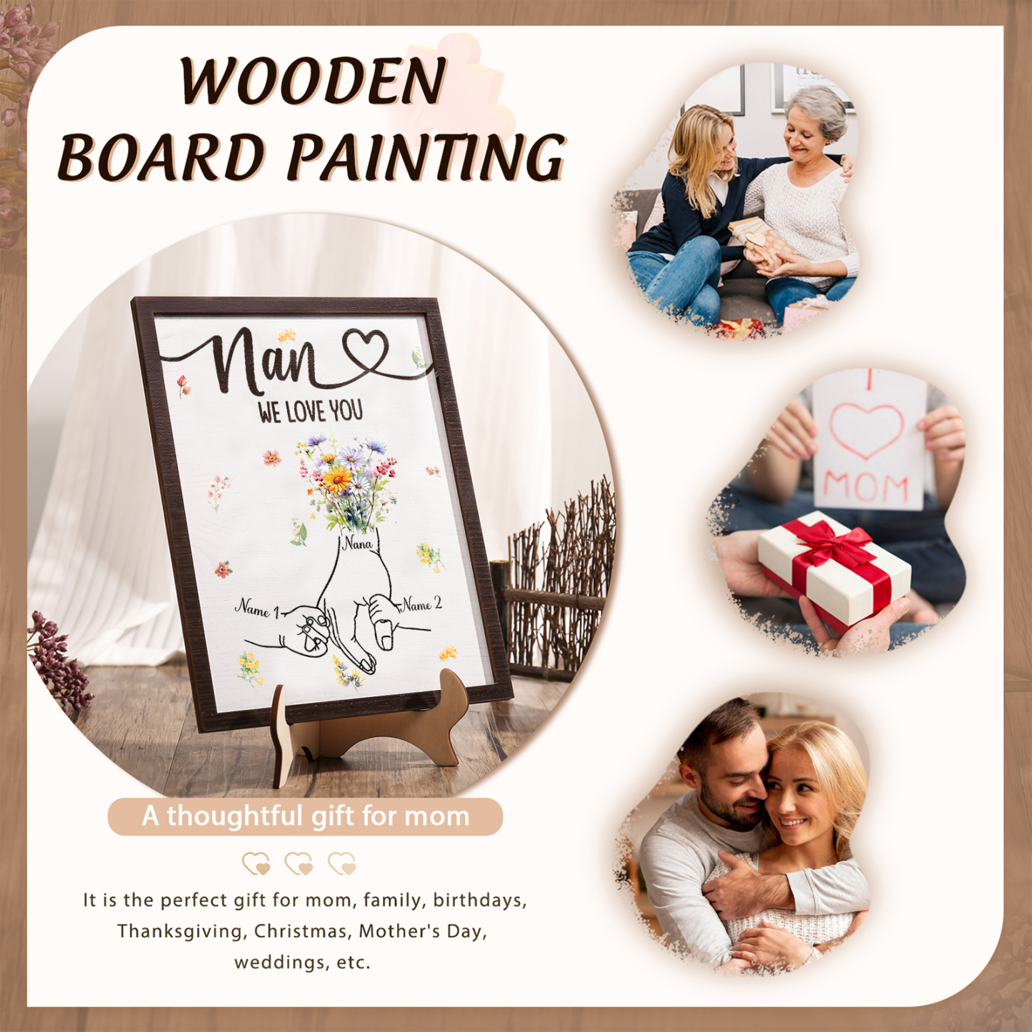 Custom Wooden Hand-in-Hand Plaque for Mum – Personalised Mother's Day Gift with 1 Text & 2 Names | Jessemade