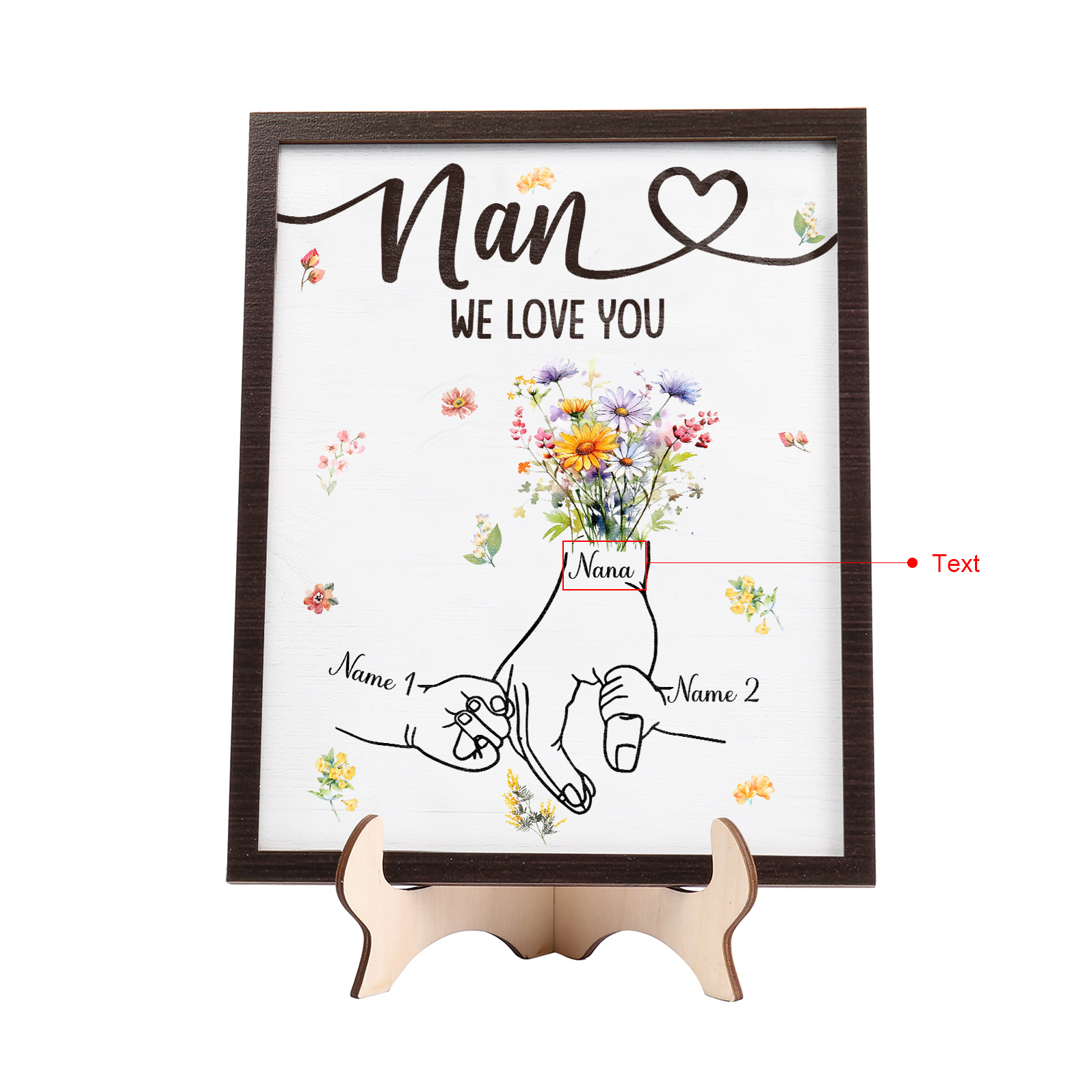 Custom Wooden Hand-in-Hand Plaque for Mum – Personalised Mother's Day Gift with 1 Text & 2 Names | Jessemade
