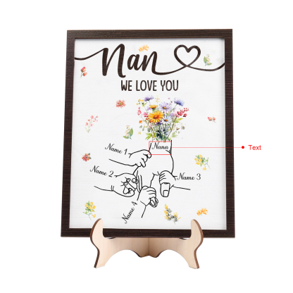 Custom Wooden Hand-in-Hand Plaque for Mum – Personalised Mother's Day Gift with 1 Text & 4 Names | Jessemade