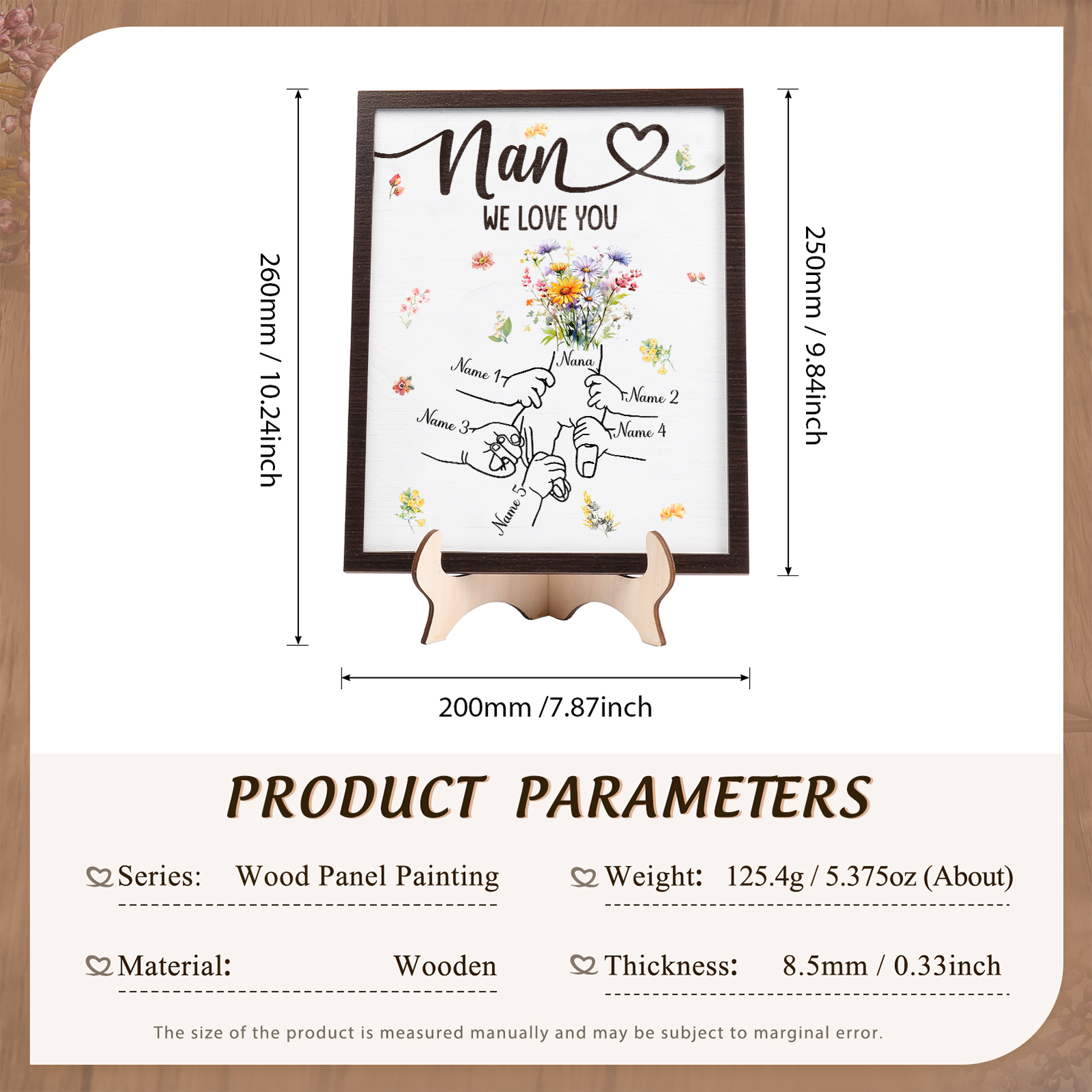 Custom Wooden Hand-in-Hand Plaque for Mum – Personalised Mother's Day Gift with 1 Text & 5 Names | Jessemade