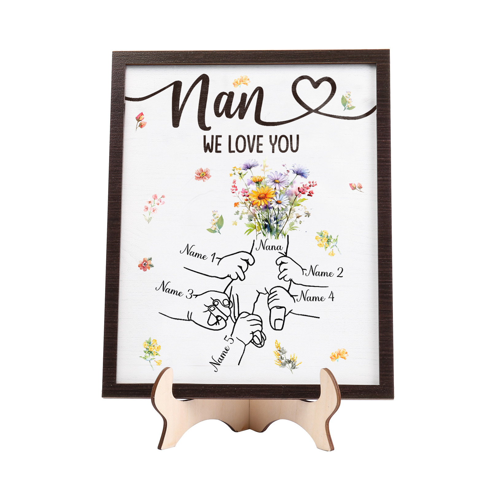 Custom Wooden Hand-in-Hand Plaque for Mum – Personalised Mother's Day Gift with 1 Text & 5 Names | Jessemade