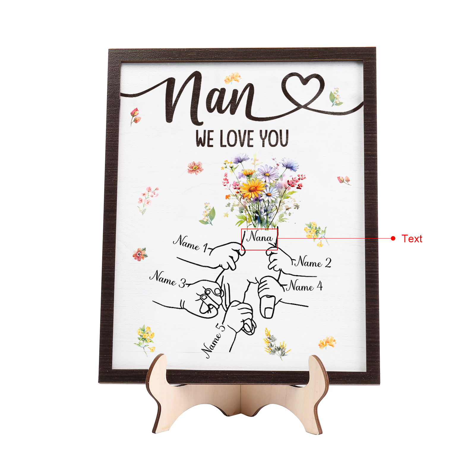 Custom Wooden Hand-in-Hand Plaque for Mum – Personalised Mother's Day Gift with 1 Text & 5 Names | Jessemade