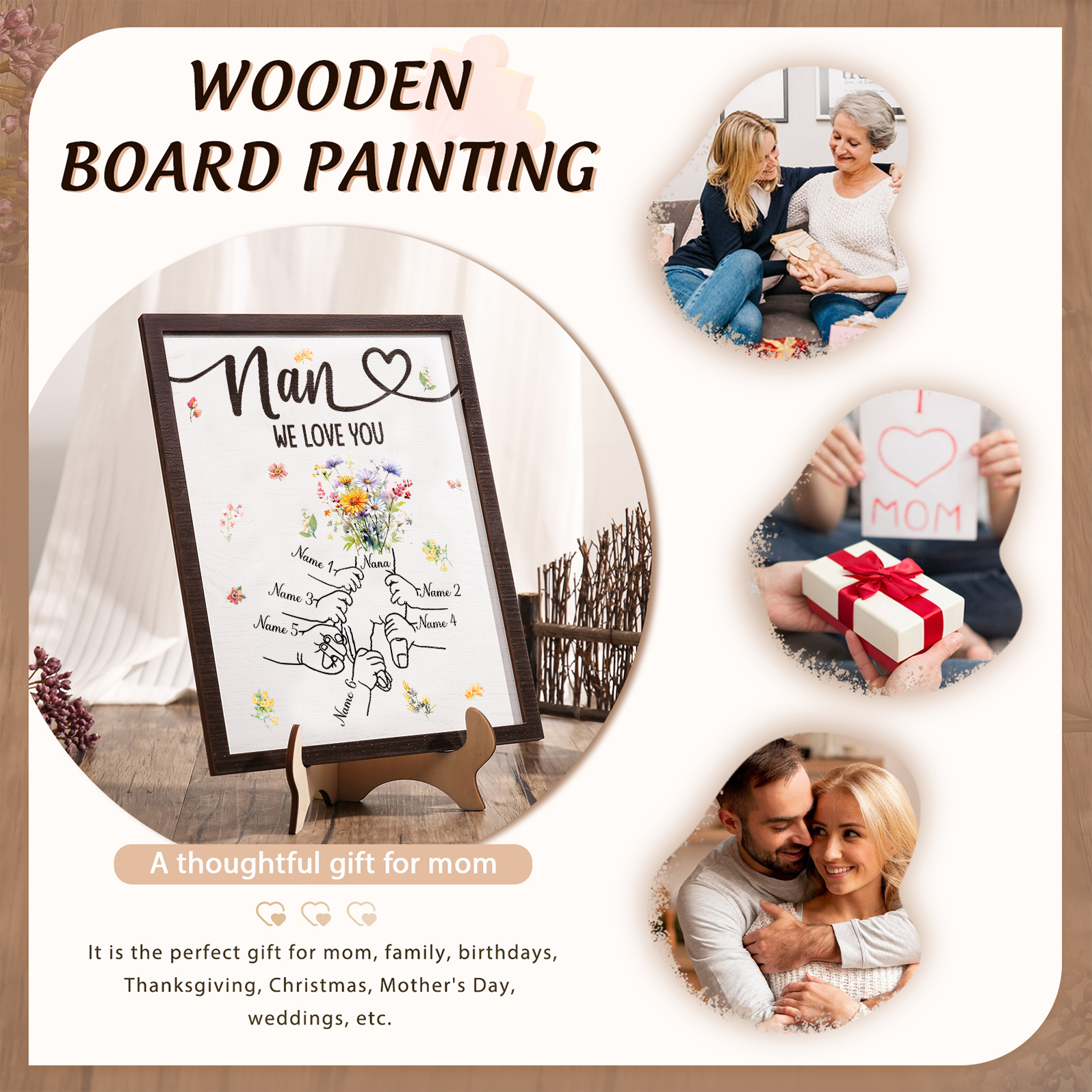 Custom Wooden Hand-in-Hand Plaque for Mum – Personalised Mother's Day Gift with 1 Text & 6 Names | Jessemade