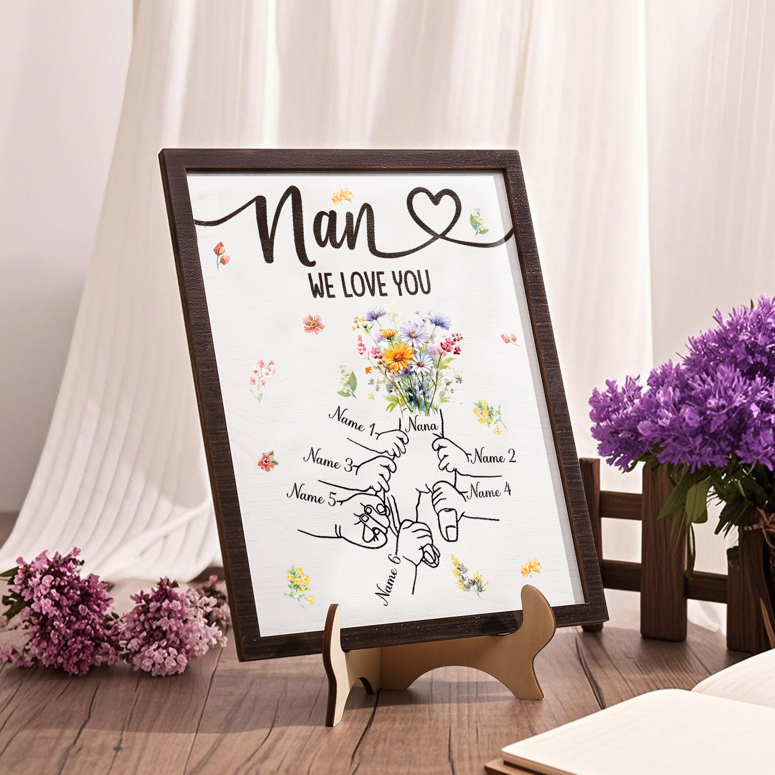 Custom Wooden Hand-in-Hand Plaque for Mum – Personalised Mother's Day Gift with 1 Text & 6 Names | Jessemade