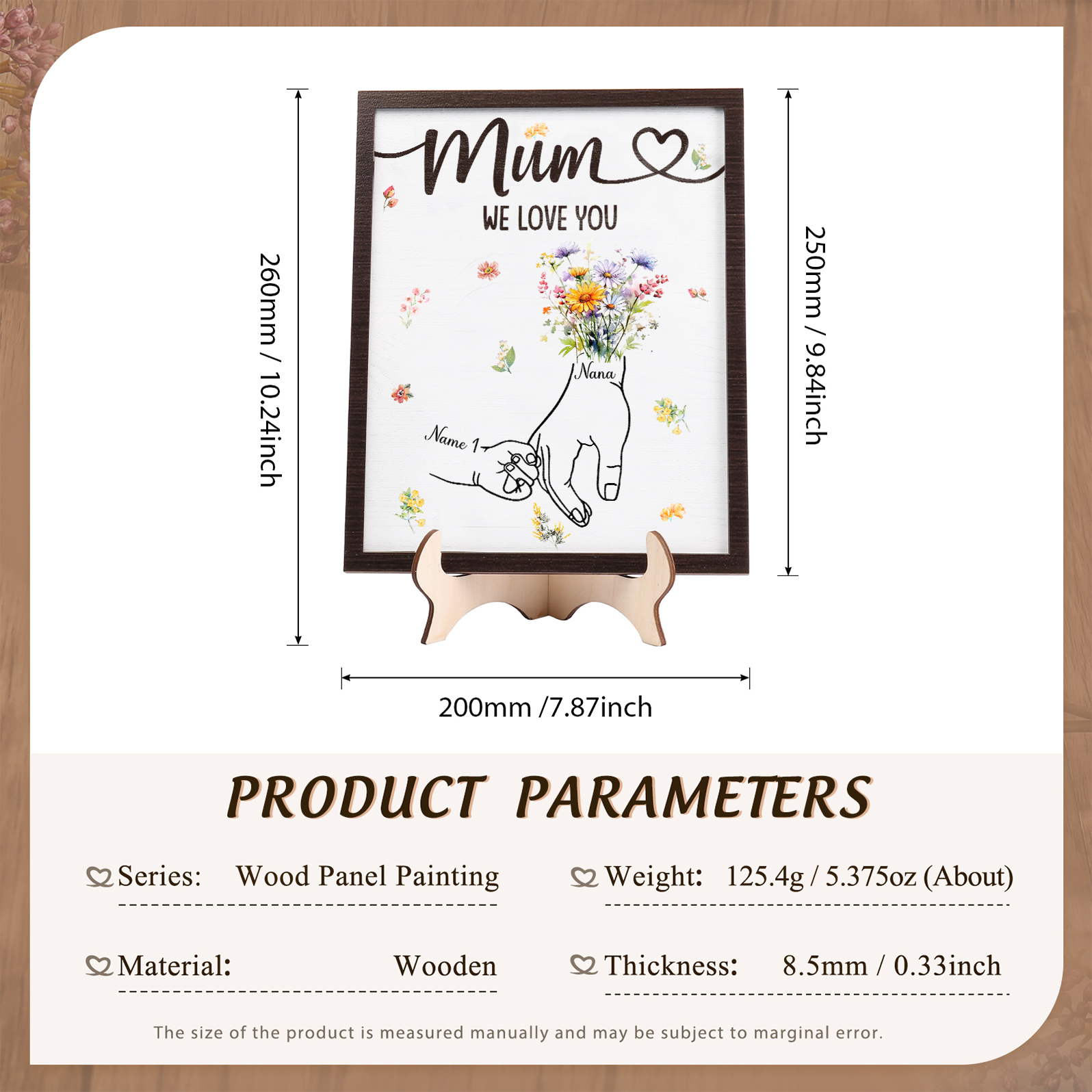 Custom Wooden Hand-in-Hand Plaque for Mum – Personalised Mother's Day Gift with Names & Flowers | Jessemade