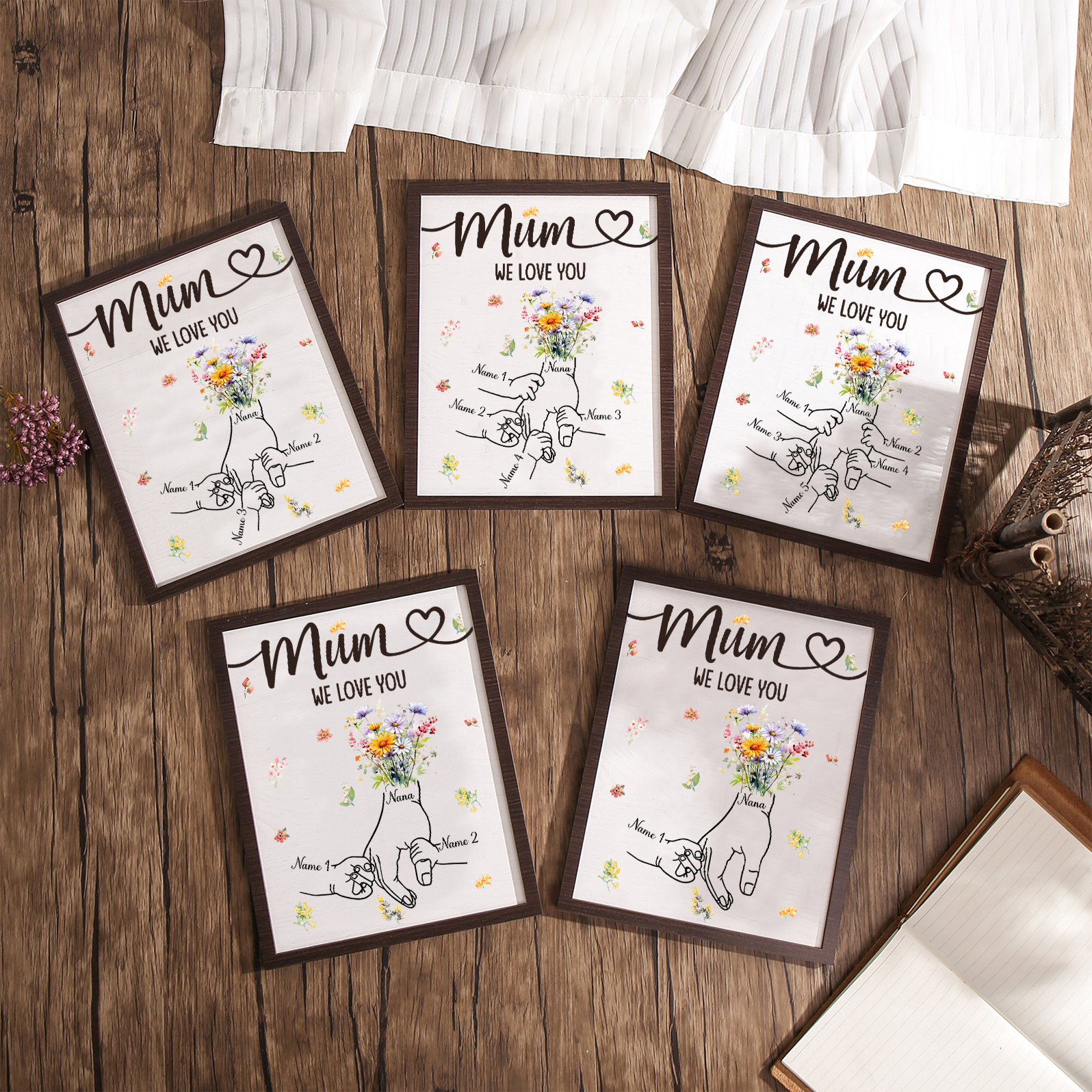 Custom Wooden Hand-in-Hand Plaque for Mum – Personalised Mother's Day Gift with Names & Flowers | Jessemade