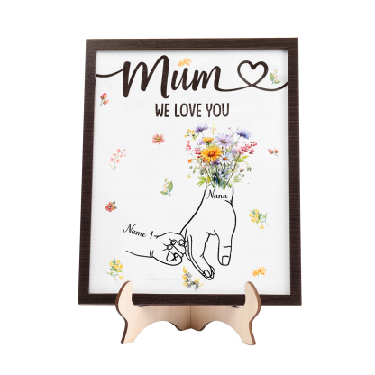 Custom Wooden Hand-in-Hand Plaque for Mum – Personalised Mother's Day Gift with Names & Flowers | Jessemade