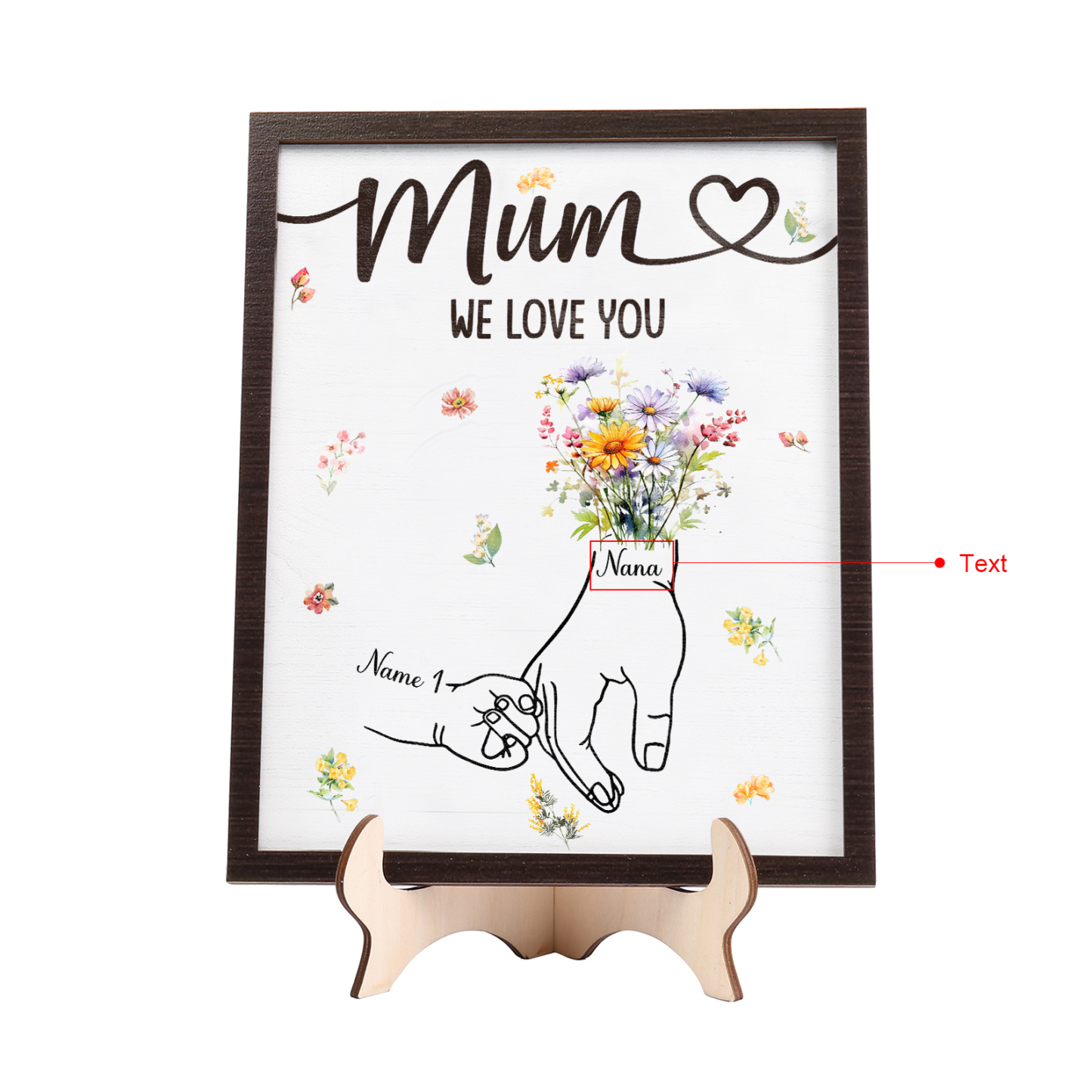 Custom Wooden Hand-in-Hand Plaque for Mum – Personalised Mother's Day Gift with Names & Flowers | Jessemade