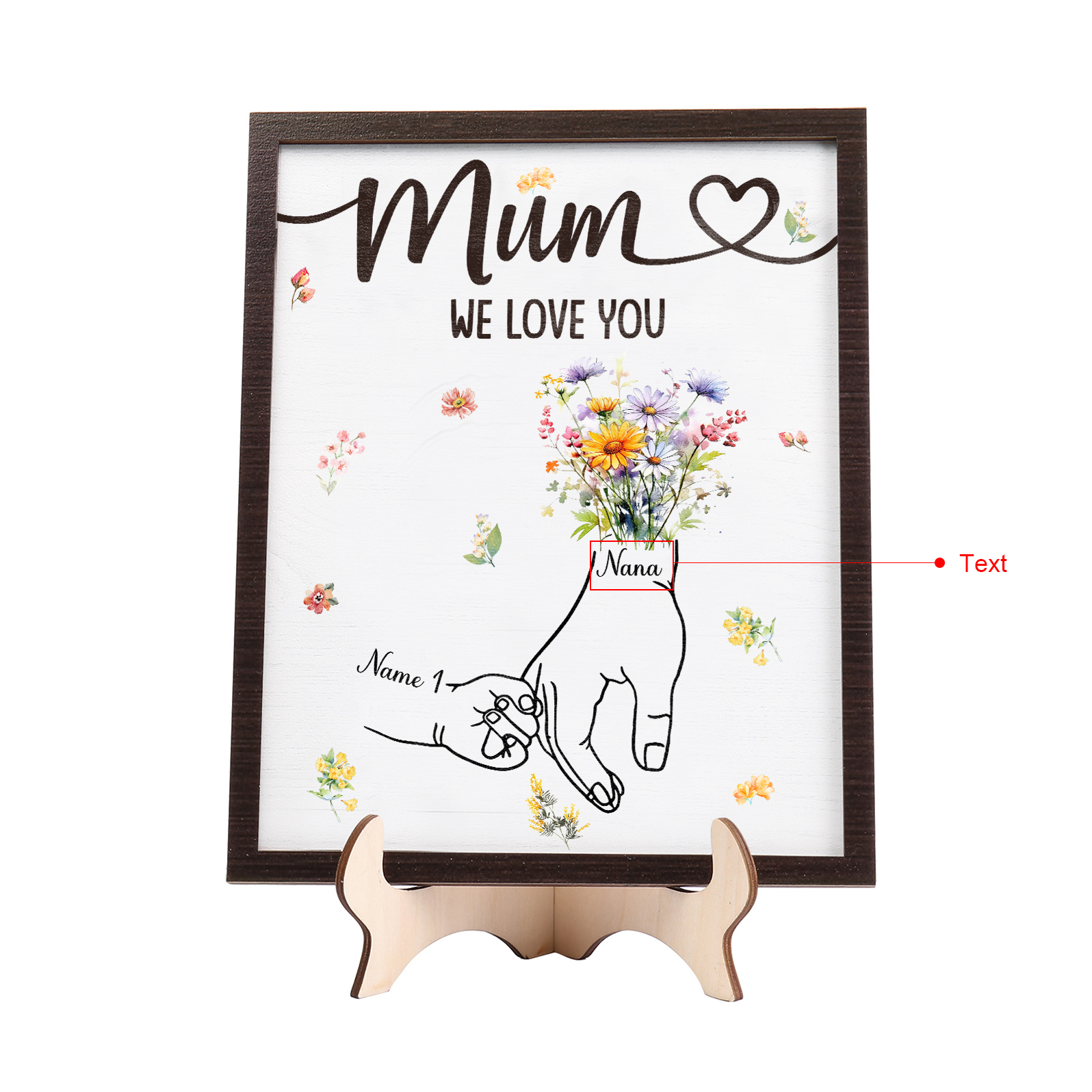 Custom Wooden Hand-in-Hand Plaque for Mum – Personalised Mother's Day Gift with Names & Flowers | Jessemade