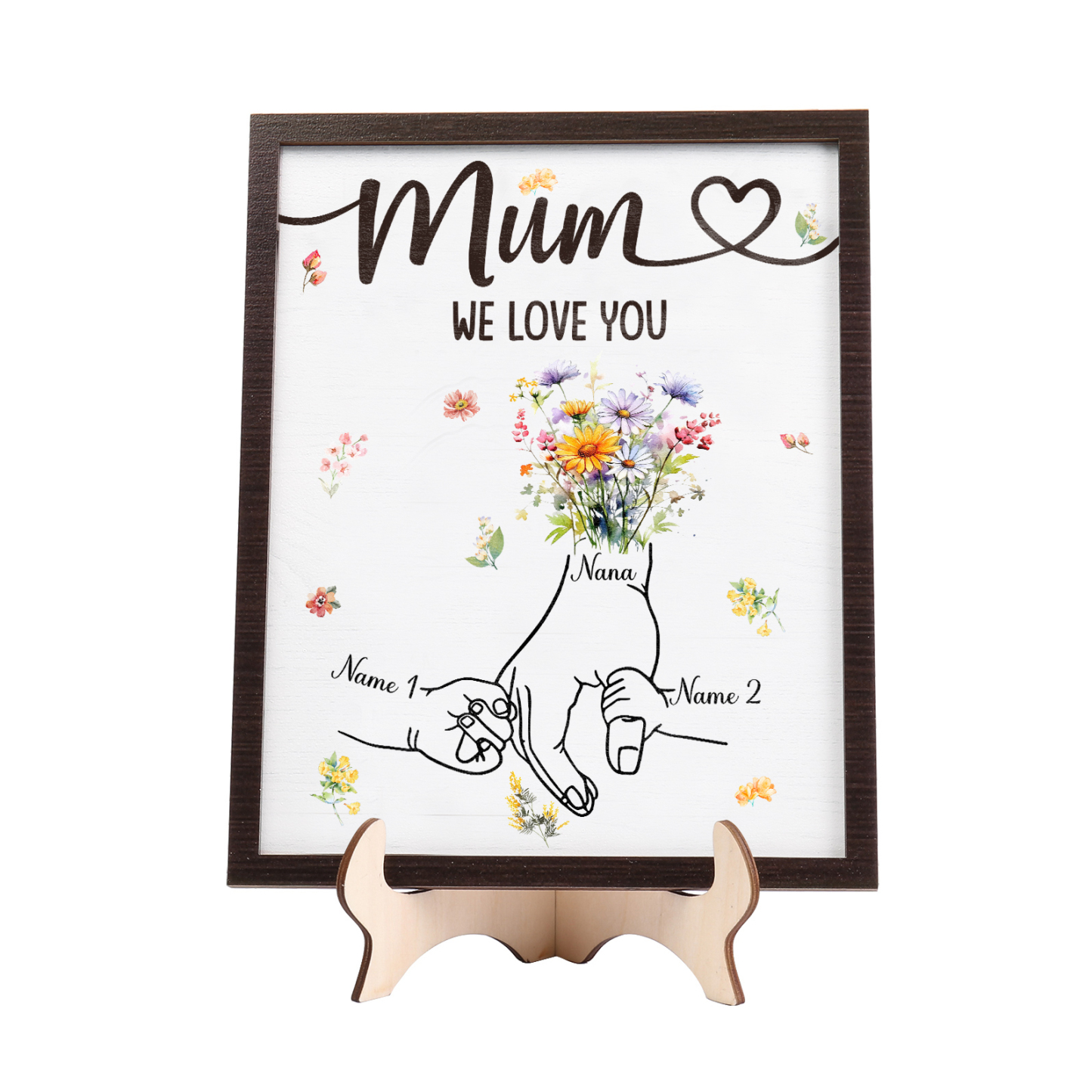 Custom Wooden Hand-in-Hand Plaque for Mum – Personalised Mother's Day Gift with 1 Text & 2 Names | Jessemade
