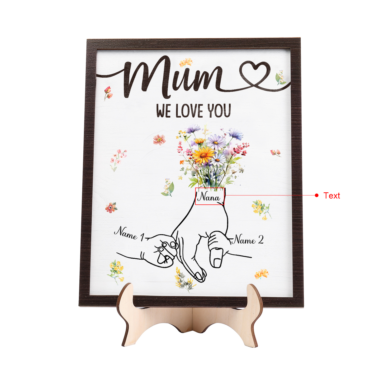 Custom Wooden Hand-in-Hand Plaque for Mum – Personalised Mother's Day Gift with 1 Text & 2 Names | Jessemade
