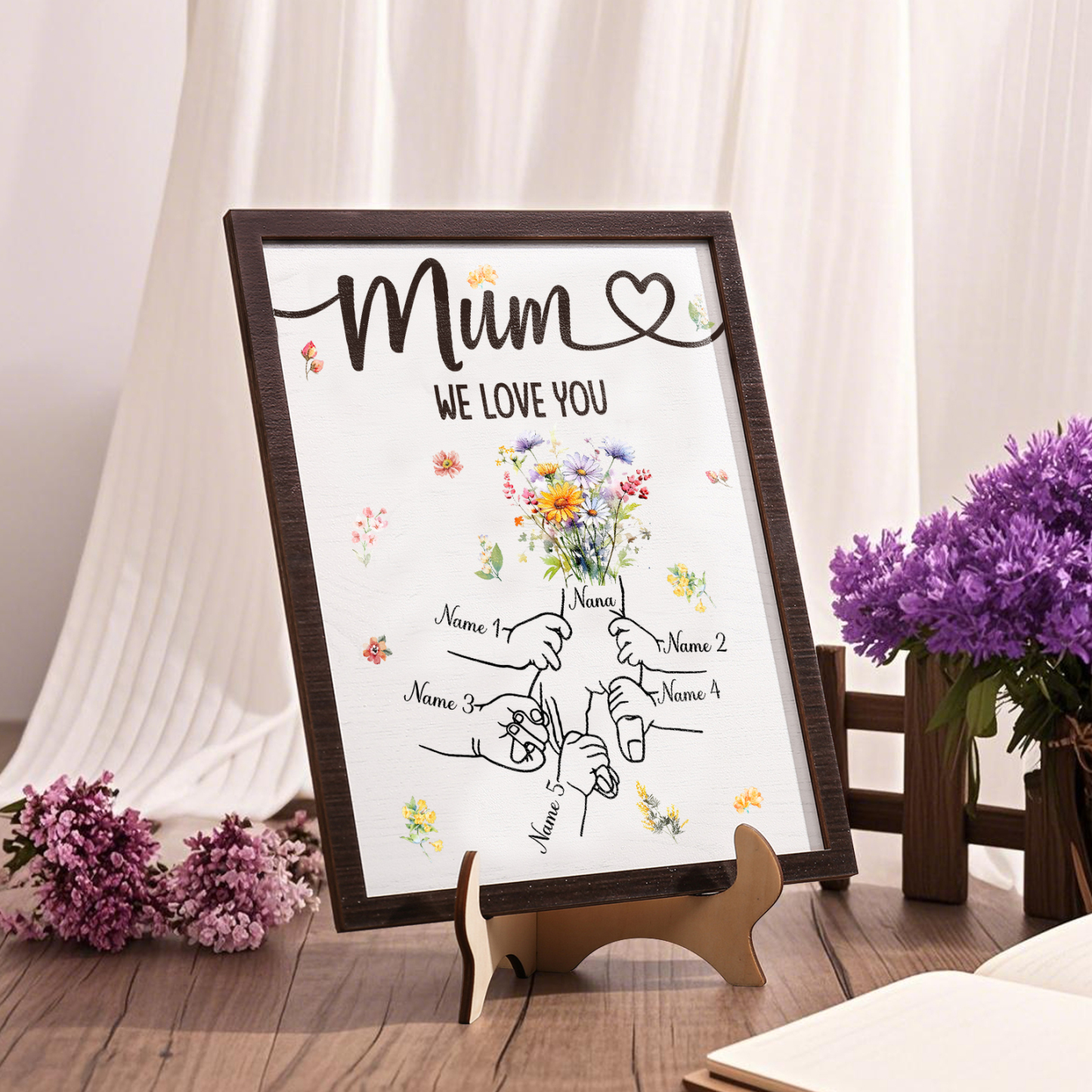 Custom Wooden Hand-in-Hand Plaque for Mum – Personalised Mother's Day Gift with 1 Text & 5 Names | Jessemade