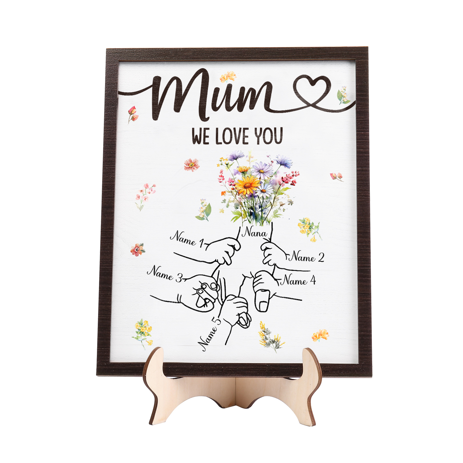 Custom Wooden Hand-in-Hand Plaque for Mum – Personalised Mother's Day Gift with 1 Text & 5 Names | Jessemade