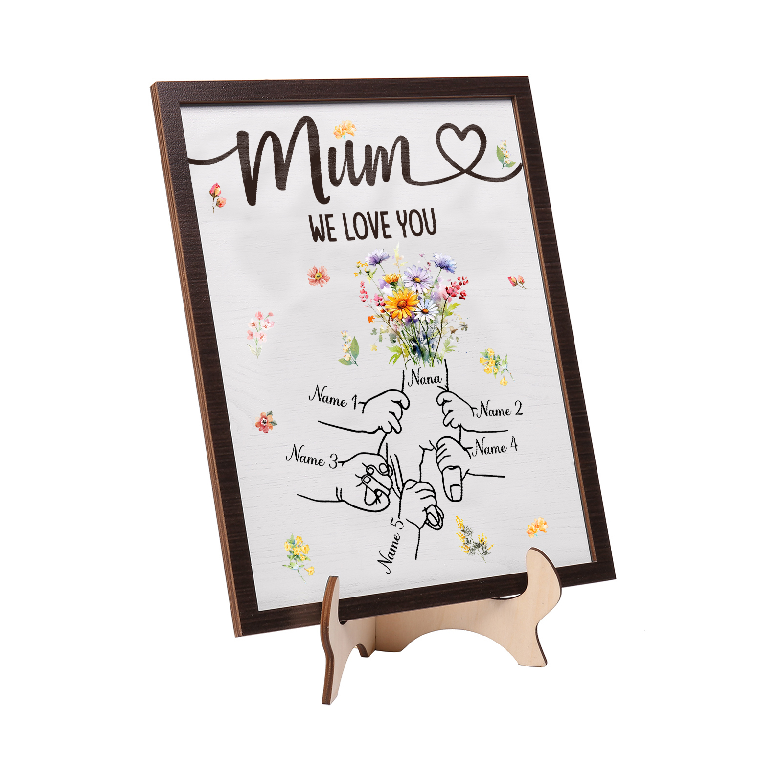 Custom Wooden Hand-in-Hand Plaque for Mum – Personalised Mother's Day Gift with 1 Text & 5 Names | Jessemade