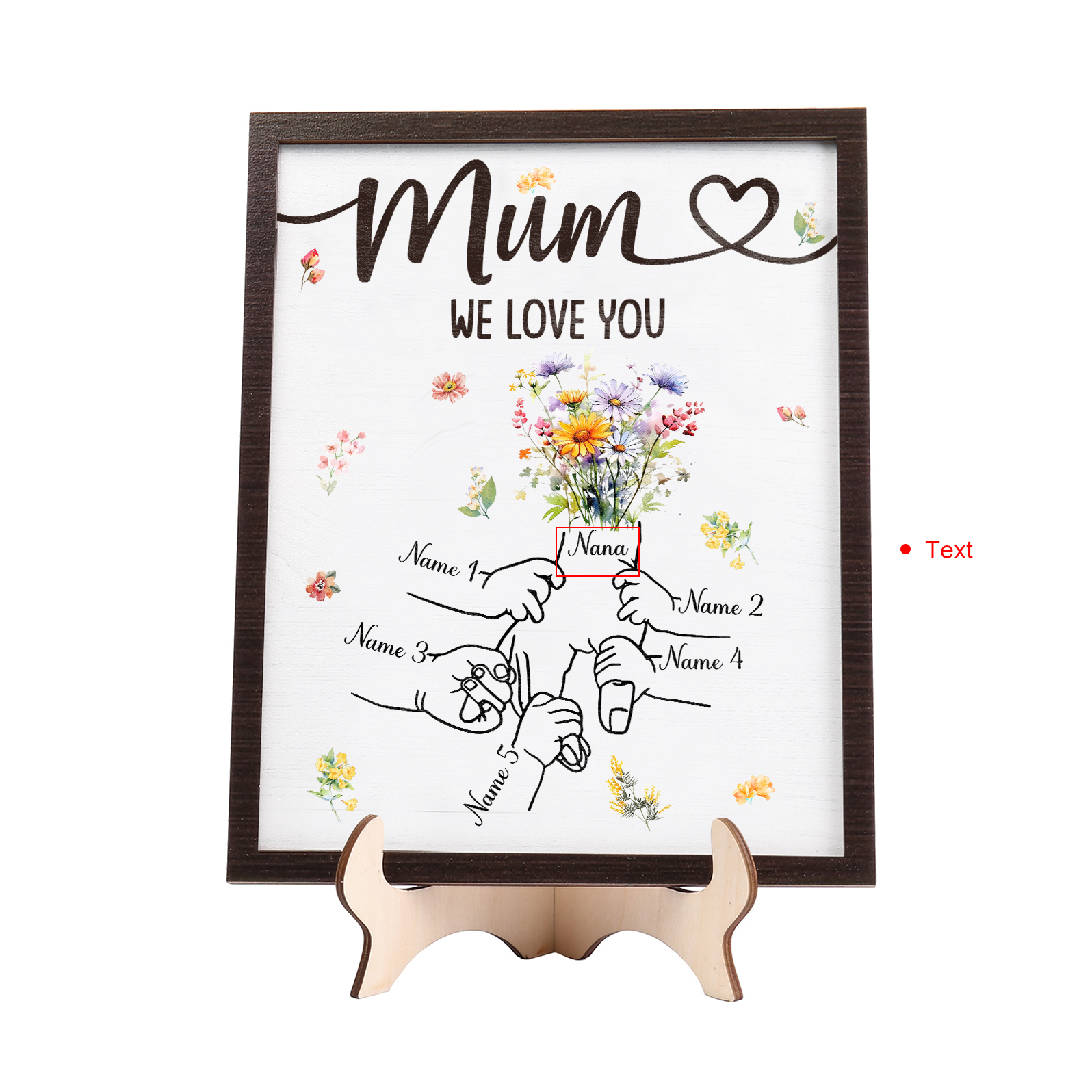 Custom Wooden Hand-in-Hand Plaque for Mum – Personalised Mother's Day Gift with 1 Text & 5 Names | Jessemade