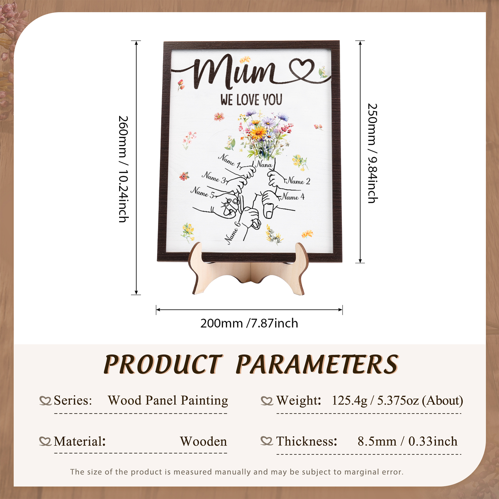 Custom Wooden Hand-in-Hand Plaque for Mum – Personalised Mother's Day Gift with 1 Text & 6 Names | Jessemade