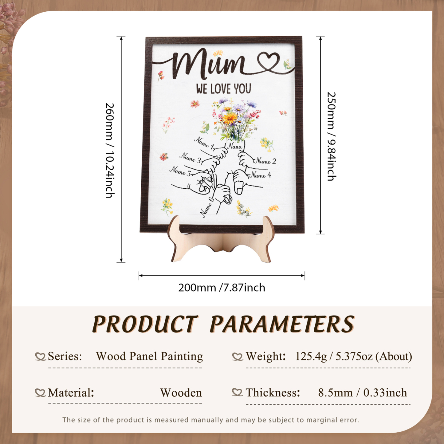 Custom Wooden Hand-in-Hand Plaque for Mum – Personalised Mother's Day Gift with 1 Text & 6 Names | Jessemade