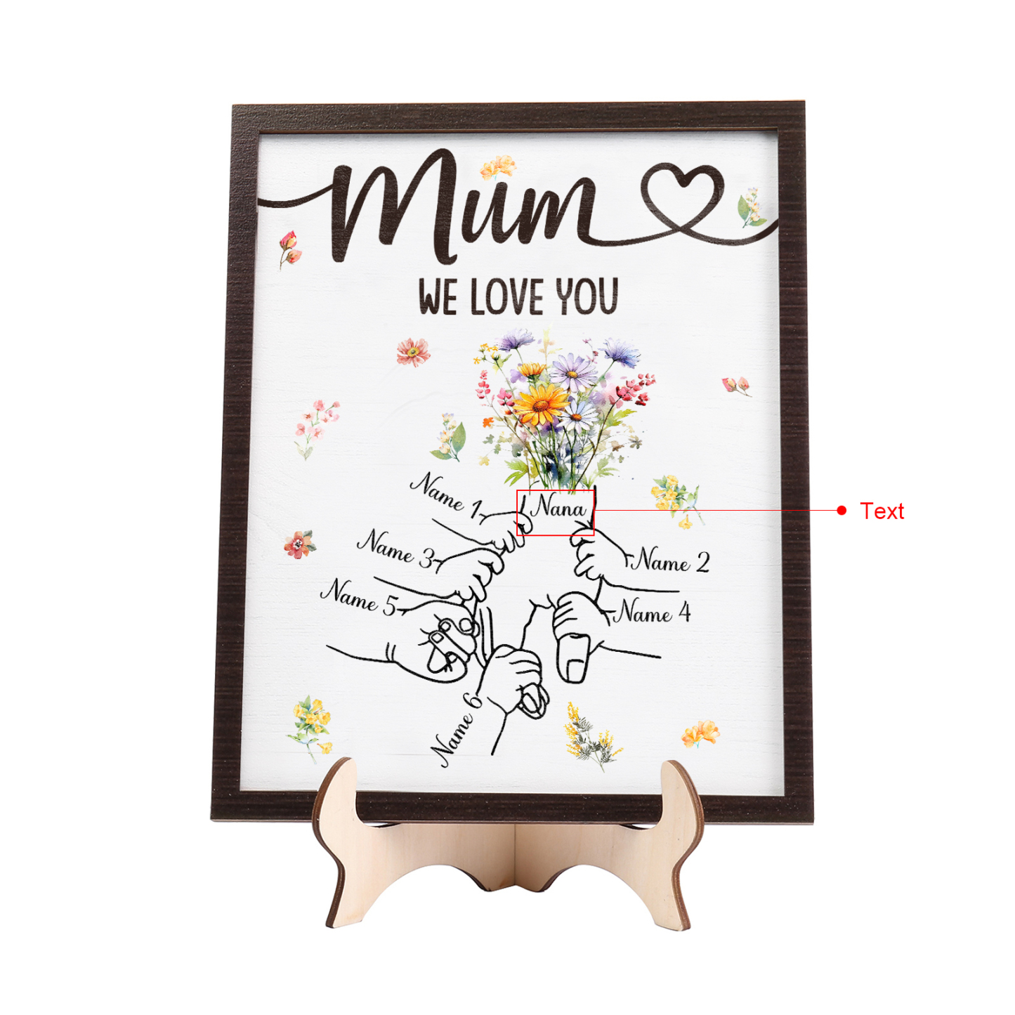 Custom Wooden Hand-in-Hand Plaque for Mum – Personalised Mother's Day Gift with 1 Text & 6 Names | Jessemade