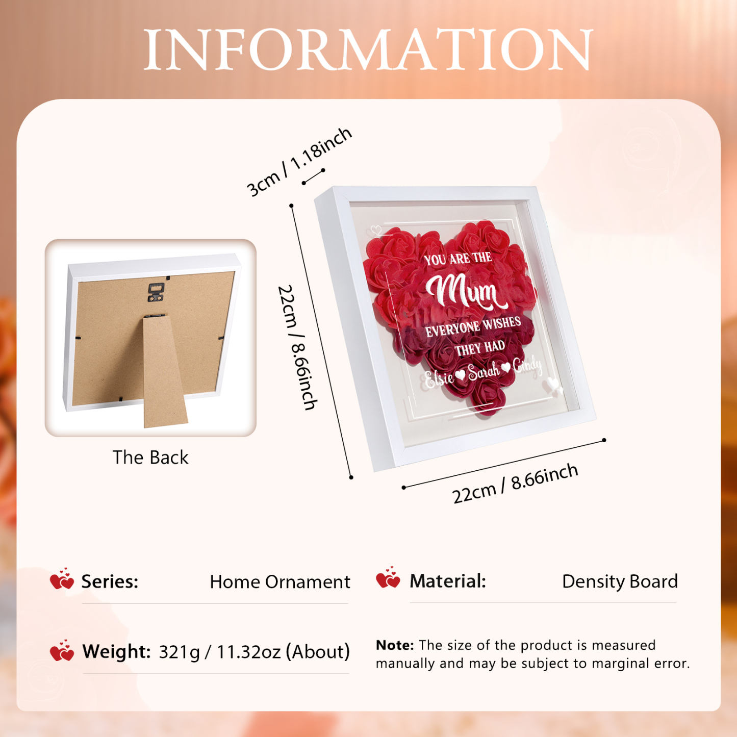 Personalised 1 Nickname Flower Shadow Box Custom with 3 Names Heart Rose Frame Deco 5 Colors Gift for Grandma | Jessemade