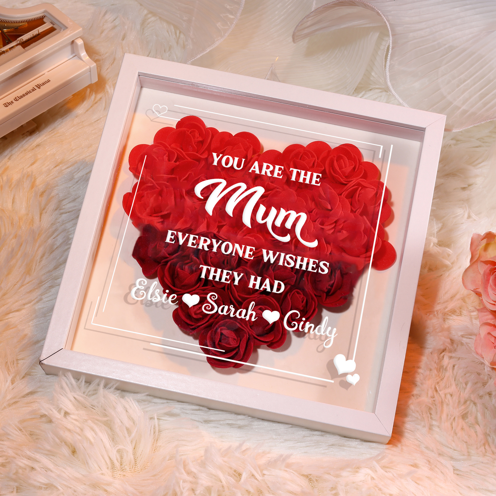 Personalised 1 Nickname Flower Shadow Box Custom with 3 Names Heart Rose Frame Deco 5 Colors Gift for Grandma | Jessemade