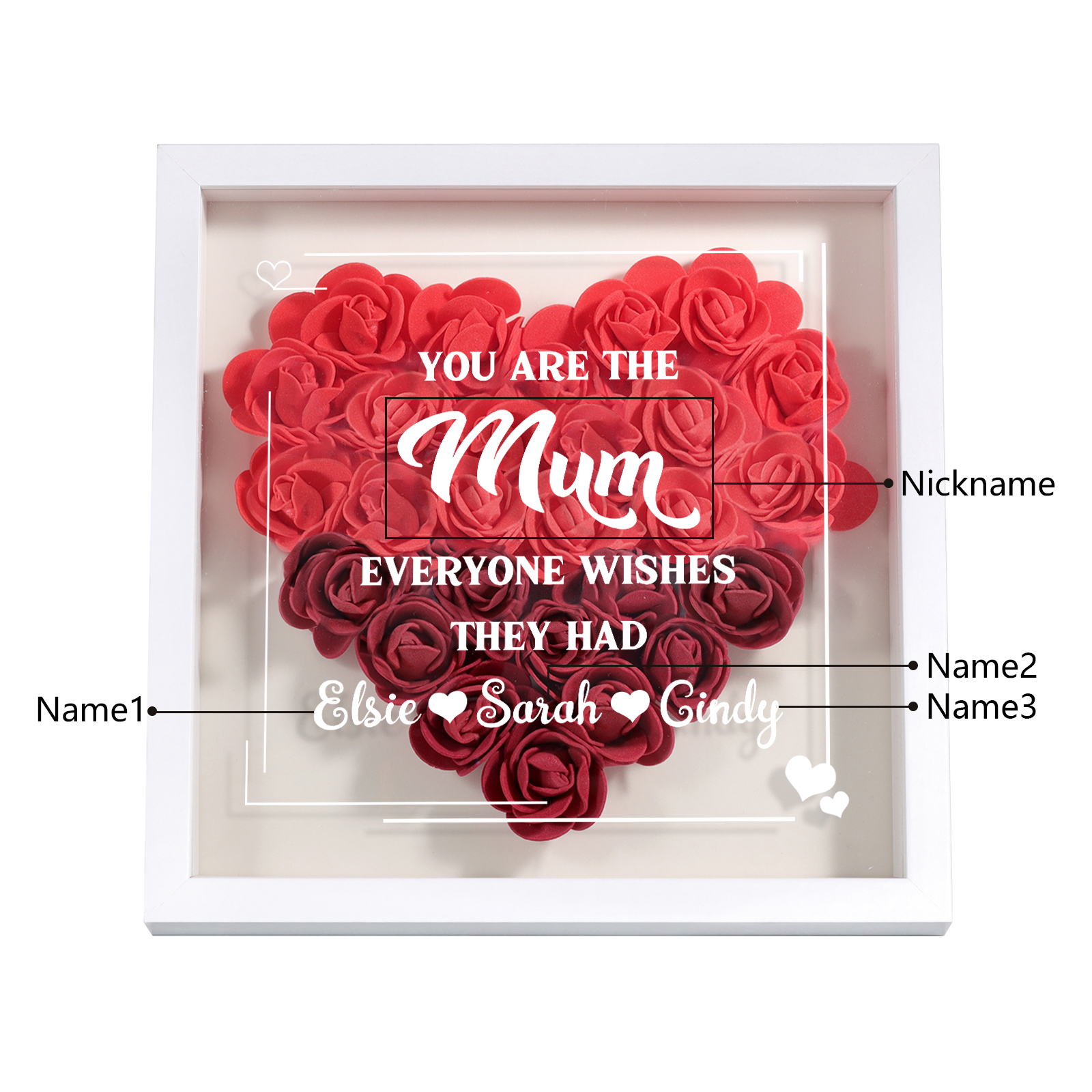 Personalised 1 Nickname Flower Shadow Box Custom with 3 Names Heart Rose Frame Deco 5 Colors Gift for Grandma | Jessemade